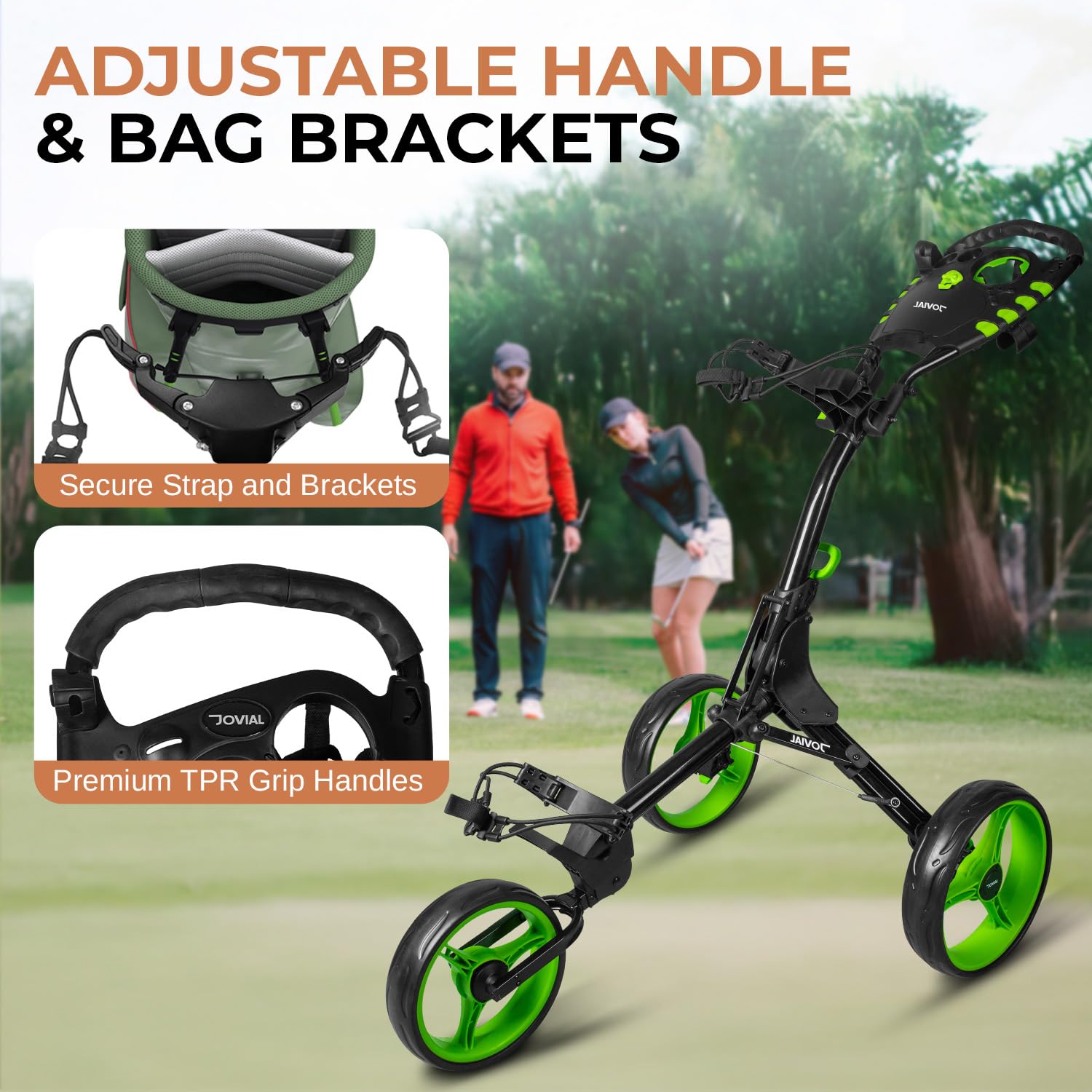 JOVIAL 3 Wheel Golf Push Cart - Lightweight Aluminum Frame Golf Caddy with Deluxe Scorecard Holder & Patented Bag Holder | Foldable, Collapsible & Adjustable Handle | Perfect for Golf Courses, Driving Ranges & Outdoor Practice