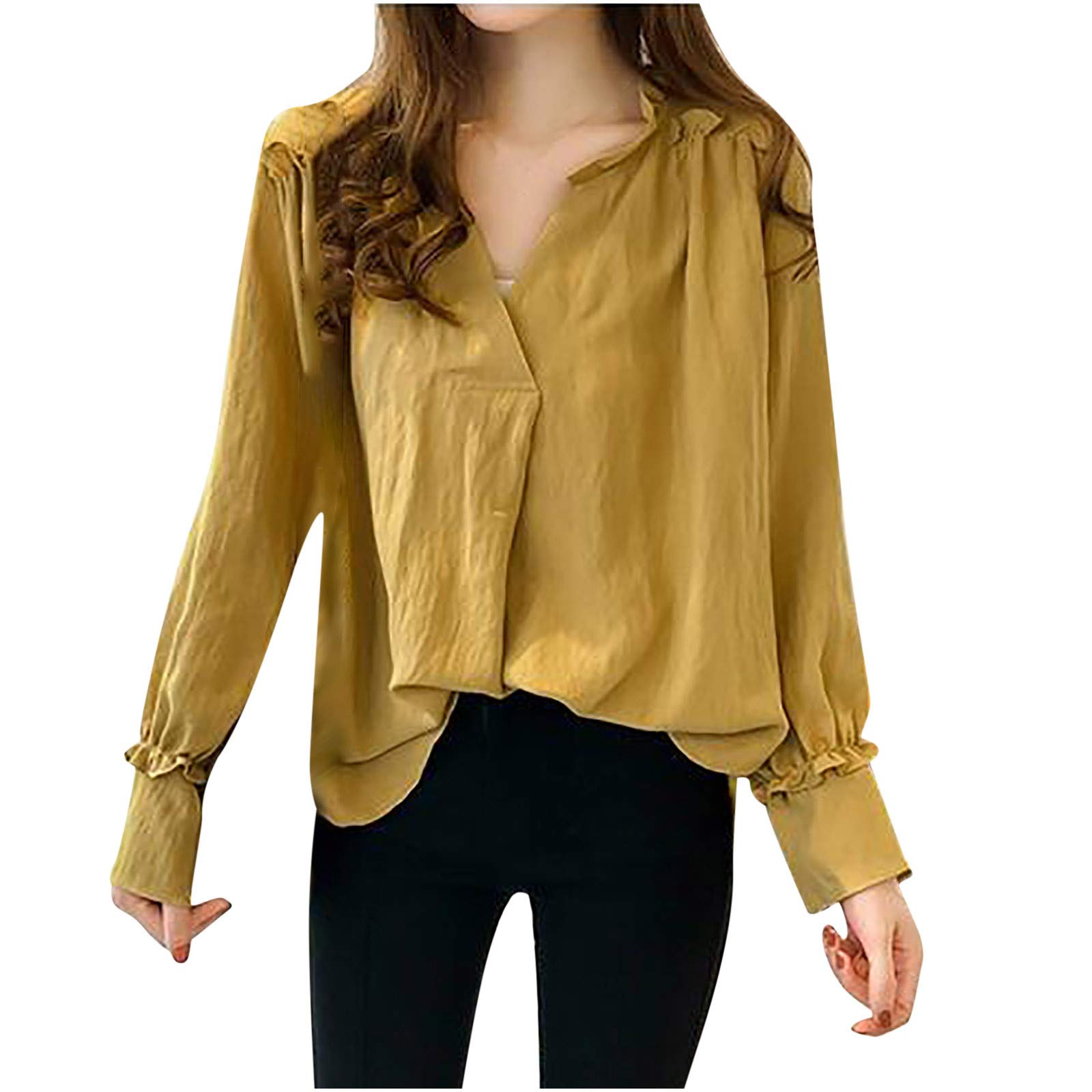 Stylish Women's Solid Color V-Neck Long Sleeve Blouse - Casual T-Shirt Top for Women | Perfect for Office Wear, Date Nights & Everyday Outfits