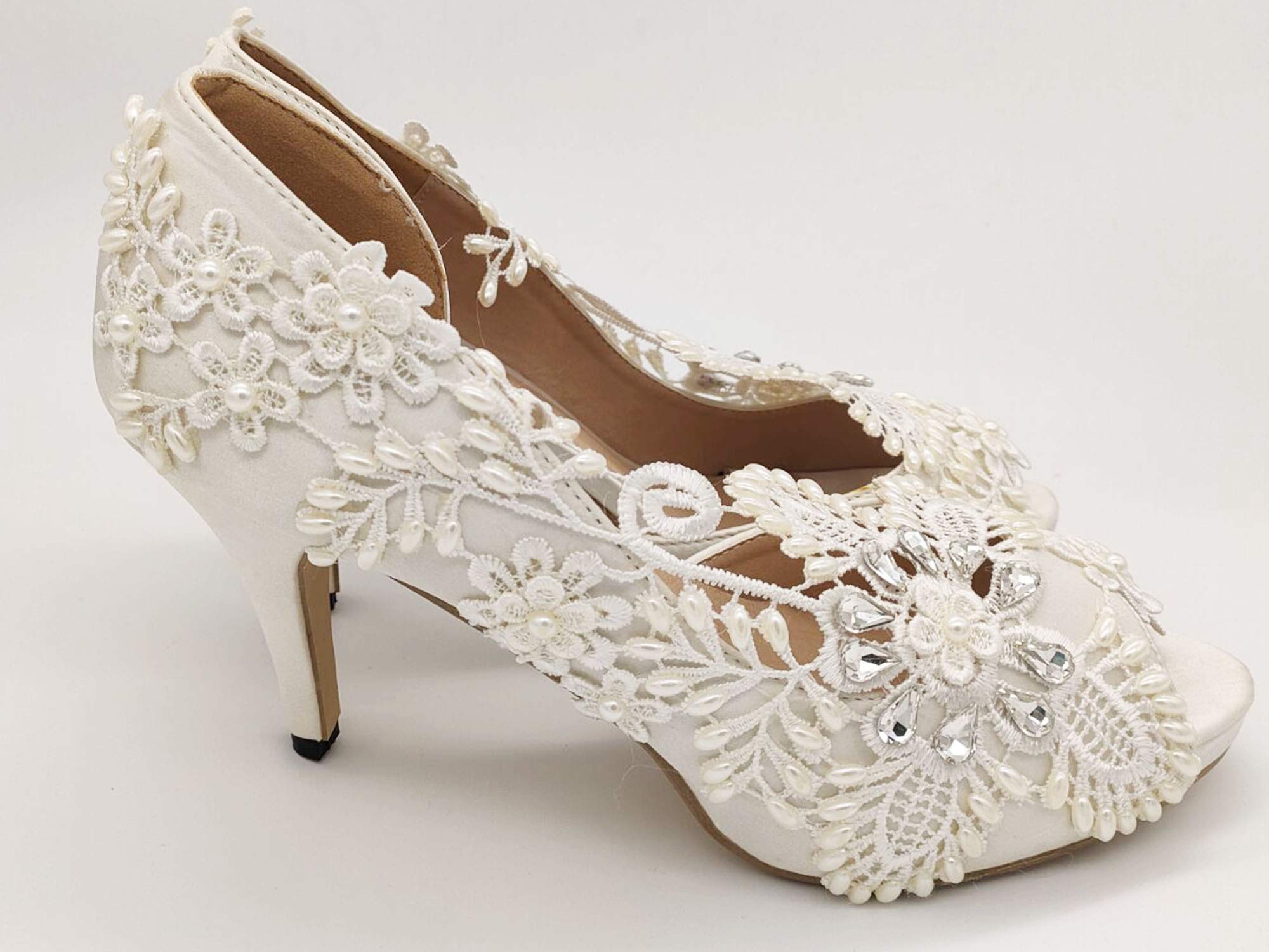 Elegant White Lace Wedding Heels for Women - Bridal High Heel Open Toe Shoes - Perfect for Bridal Showers, Weddings & Special Occasions