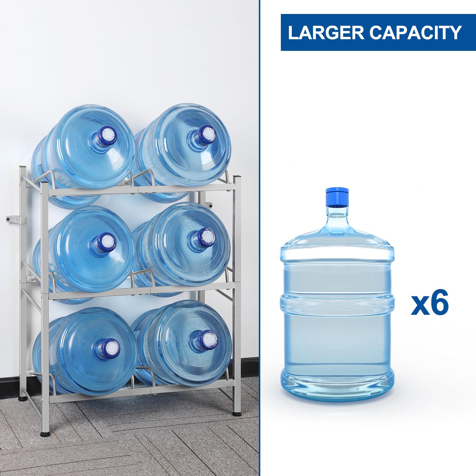 5 Gallon Water Jug Rack - Heavy Duty 3-Tier Storage Stand for Small Spaces & Room Corners - Holds 6 Bottles (Silver) - Perfect for Home & Office Hydration Stations