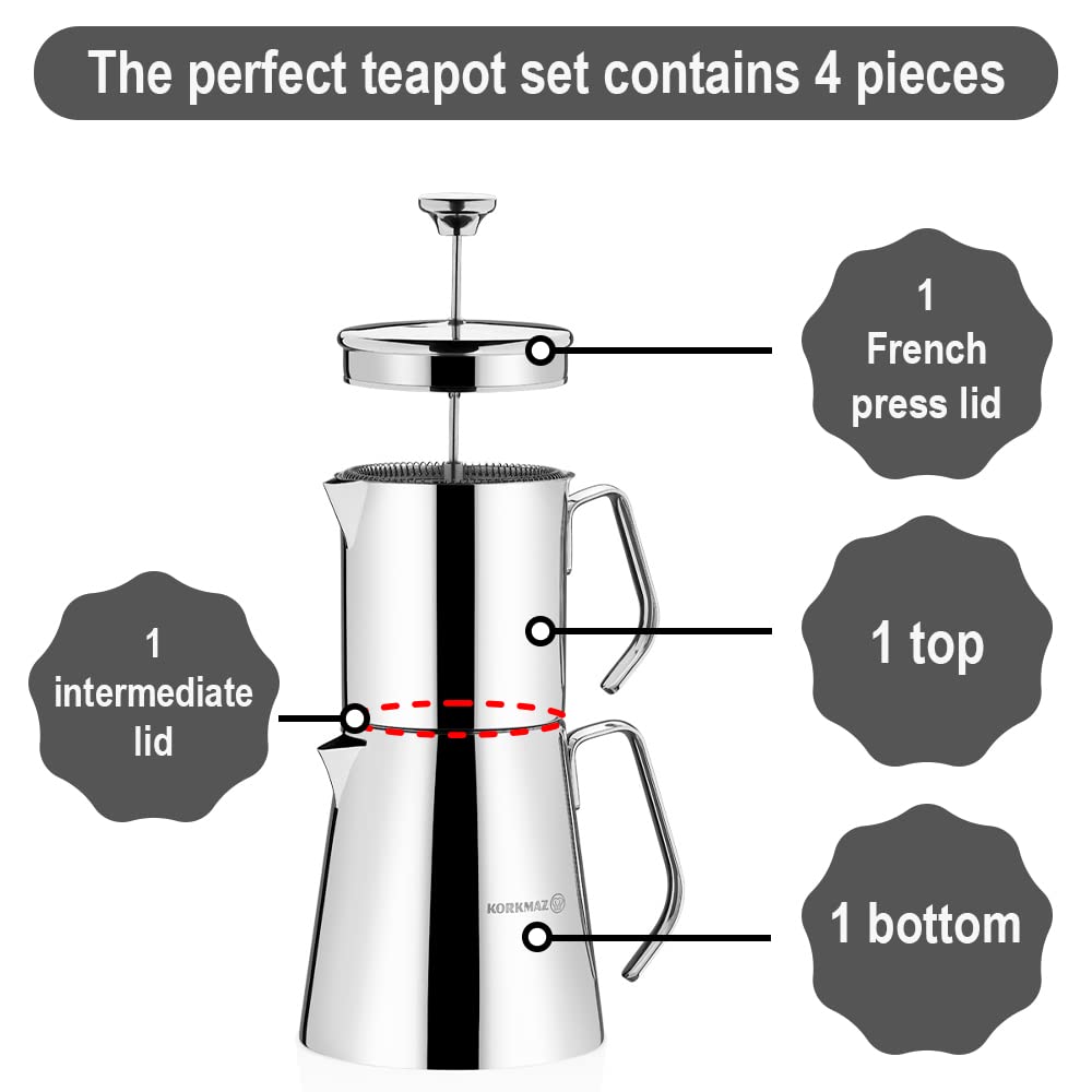 Korkmaz A225 Aqua Turkish Teapot Set - 18/10 Stainless Steel Double French Press Samovar Tea Kettle with Metal Handles (30oz/900ml & 50oz/1500ml) - Perfect for Turkish Coffee, Tea Brewing & Home Kitchen Decor