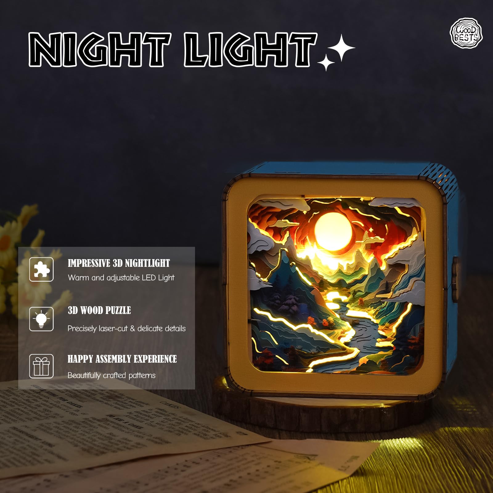 WOODBESTS 3D Wooden Puzzle Night Light - DIY Long River Sunrise Puzzle for Adults & Seniors - Handcrafted Desk Lamp Decor for Home Office | Relaxing Night Light for Bedroom, Study & Gift Giving