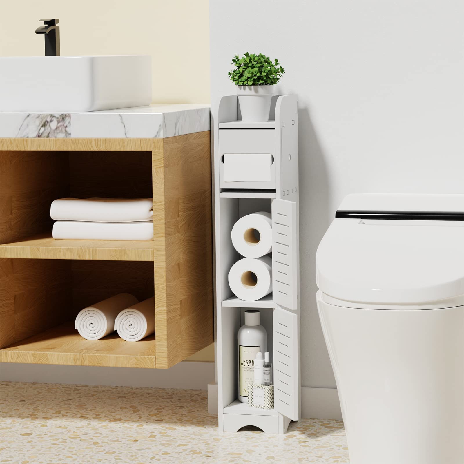 GAKOV 4-Tier Small Bathroom Storage Cabinet - Space Saving Toilet Paper Organizer for Corner, Bathroom Essentials Storage - Perfect for Apartments & Compact Bathrooms (White)