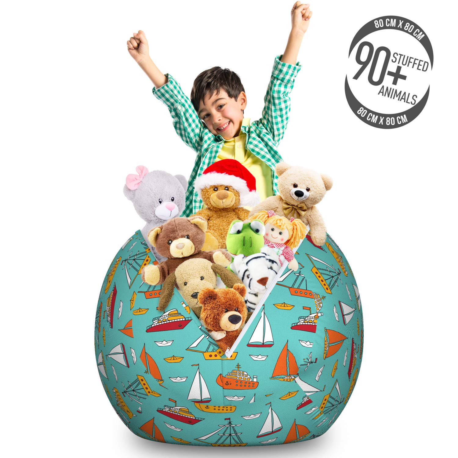 Ambesonne Nautical Toy Storage Bag Chair - Large Washable Stuffed Animal Organizer with Maritime Ships & Sailboats Design on Turquoise Background | Perfect for Kids' Room, Playroom & Nursery Organization