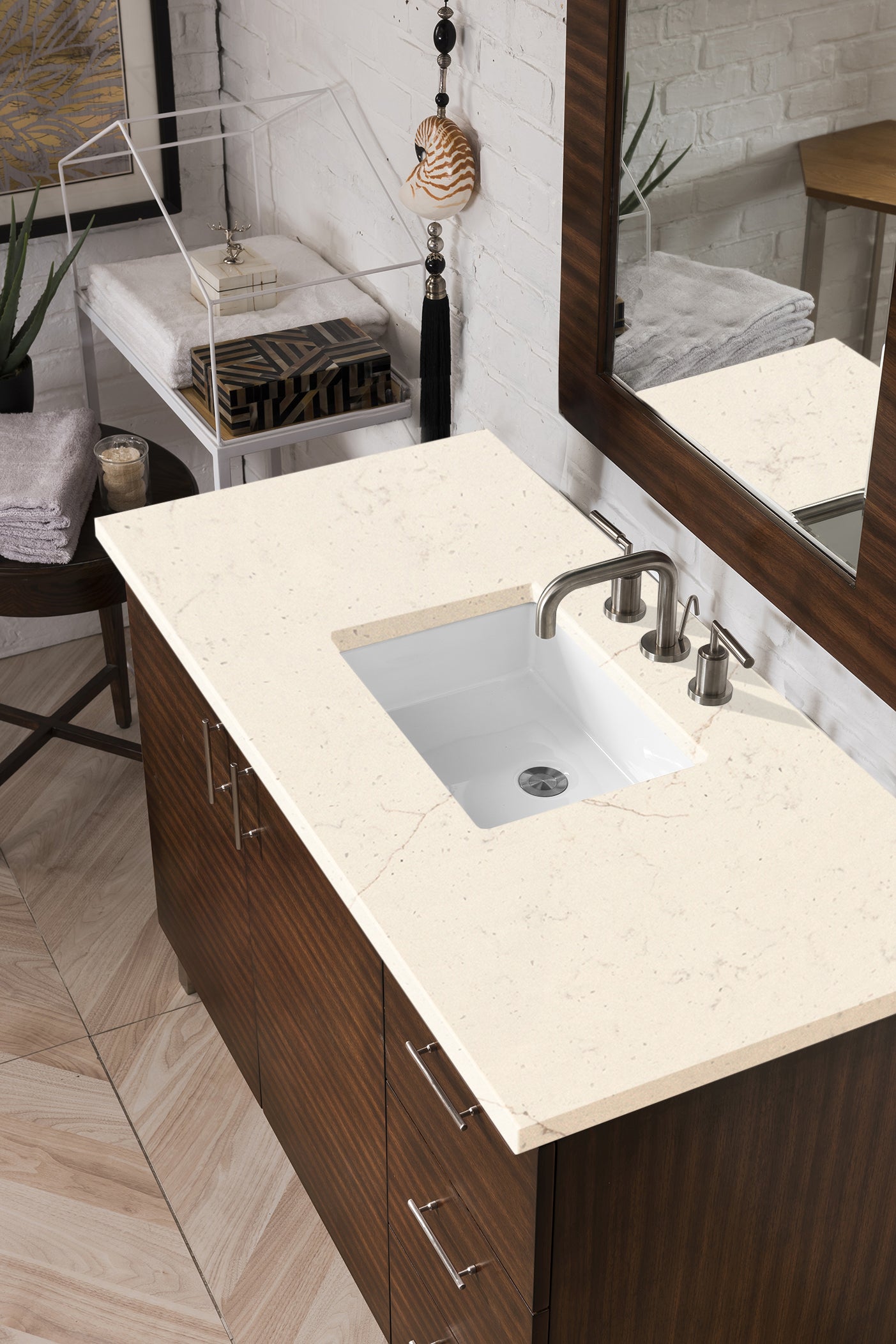 Metropolitan 48 Inch Single Bathroom Vanity with American Walnut Finish & 3CM Eternal Marfil Quartz Countertop - Perfect for Modern Master Bathrooms & Powder Rooms