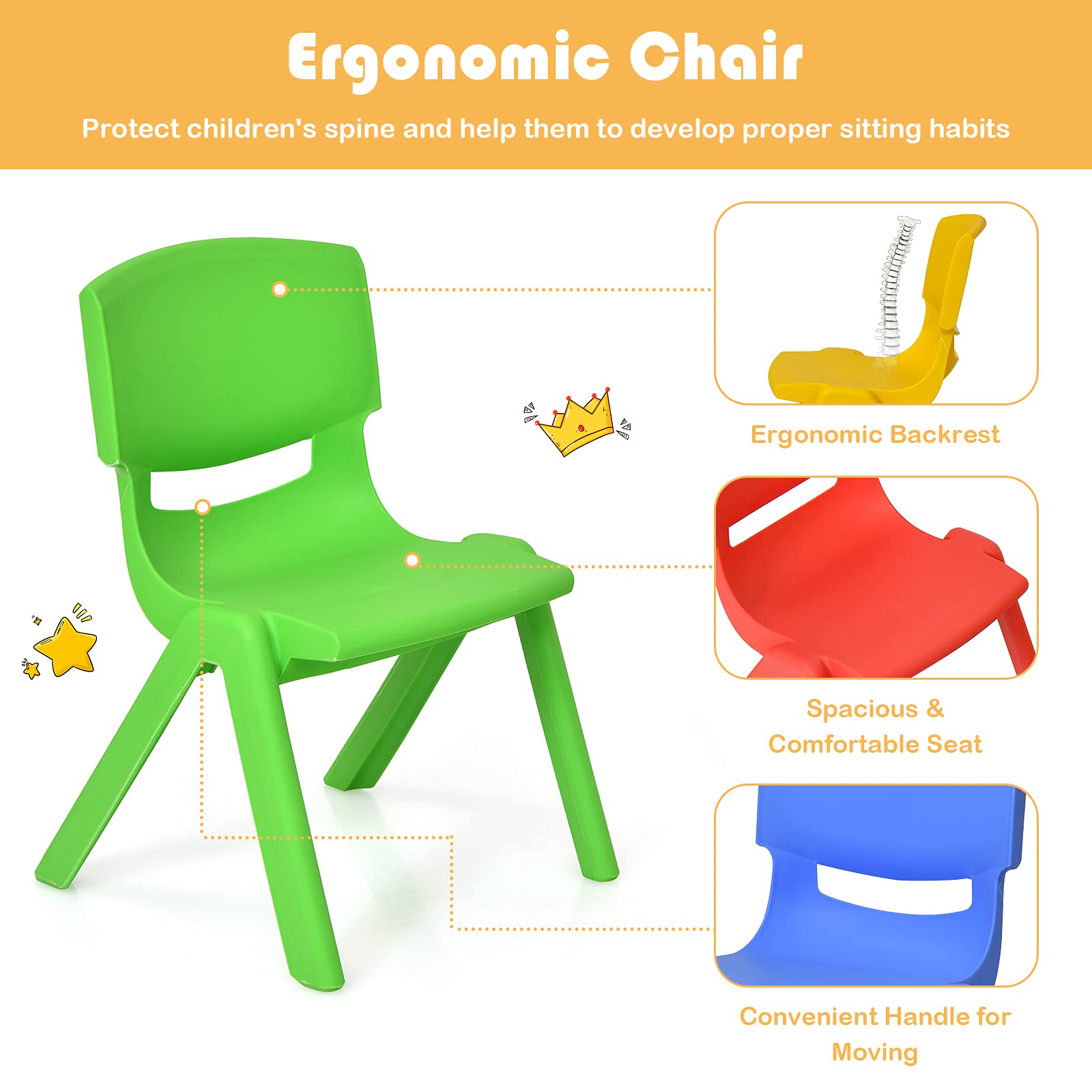 KOTEK Kids Plastic Table and Chair Set - 4 Stackable Chairs with Green Activity Table, Colorful Playroom Furniture for Learning & Fun | Perfect for Preschool, Daycare & Home Play Areas