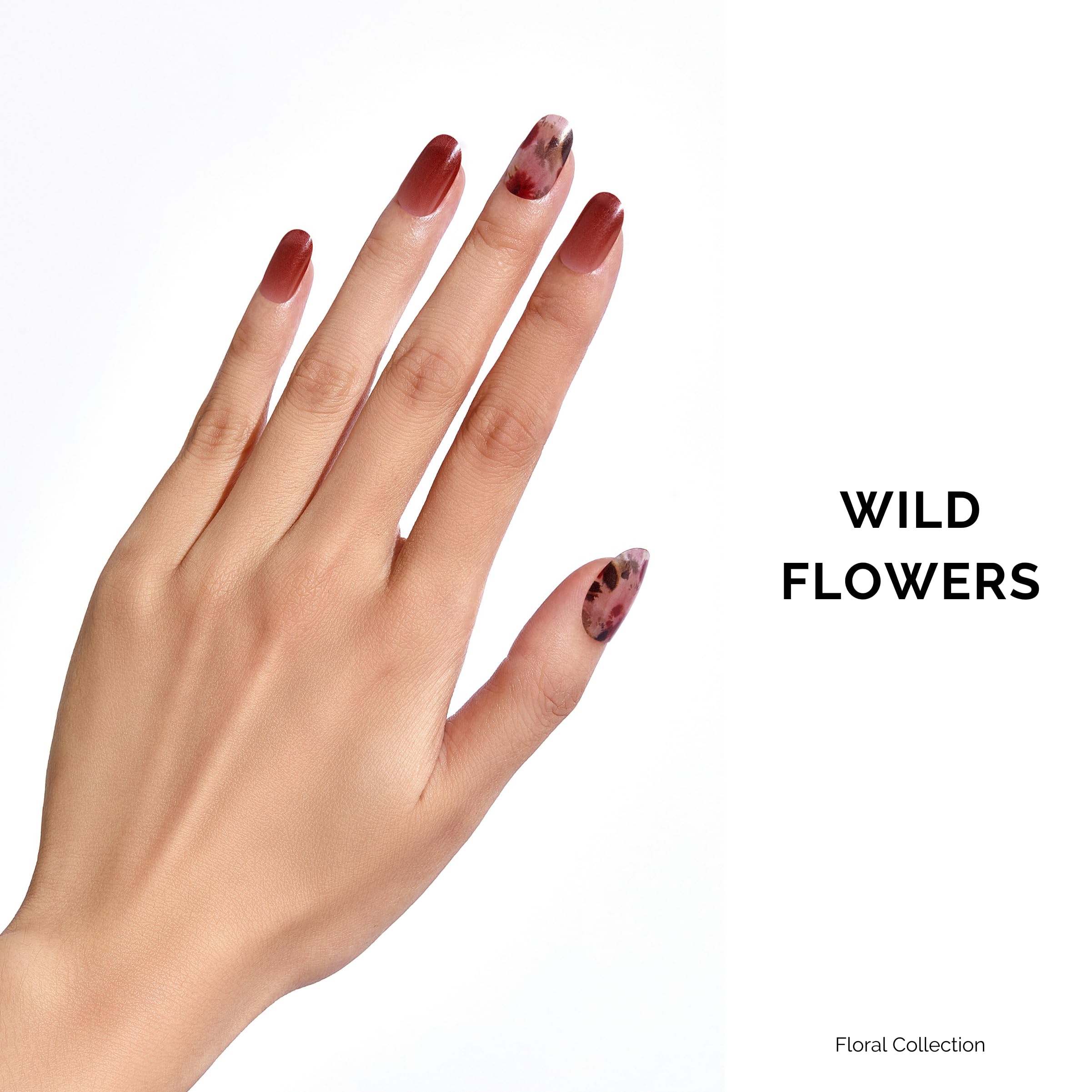NAILOG 34 Pcs Semi Cured Gel Nail Strips Kit - Long Lasting Nail Wraps with Glossy Finish in Reddish Brown & Wildflowers | Includes UV Light (Buy 2 Get 1 Free) | Perfect for Salon Quality Manicures at Home, Parties & Special Occasions