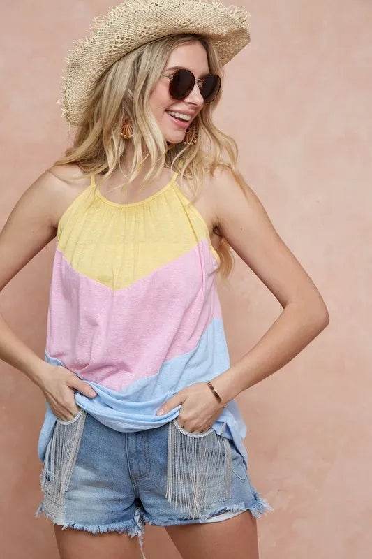 BiBi Triblend Knit Color Block Halter Neck Top - Women's Fashion Casual T-Shirt for Summer, Beach & Party Outfits