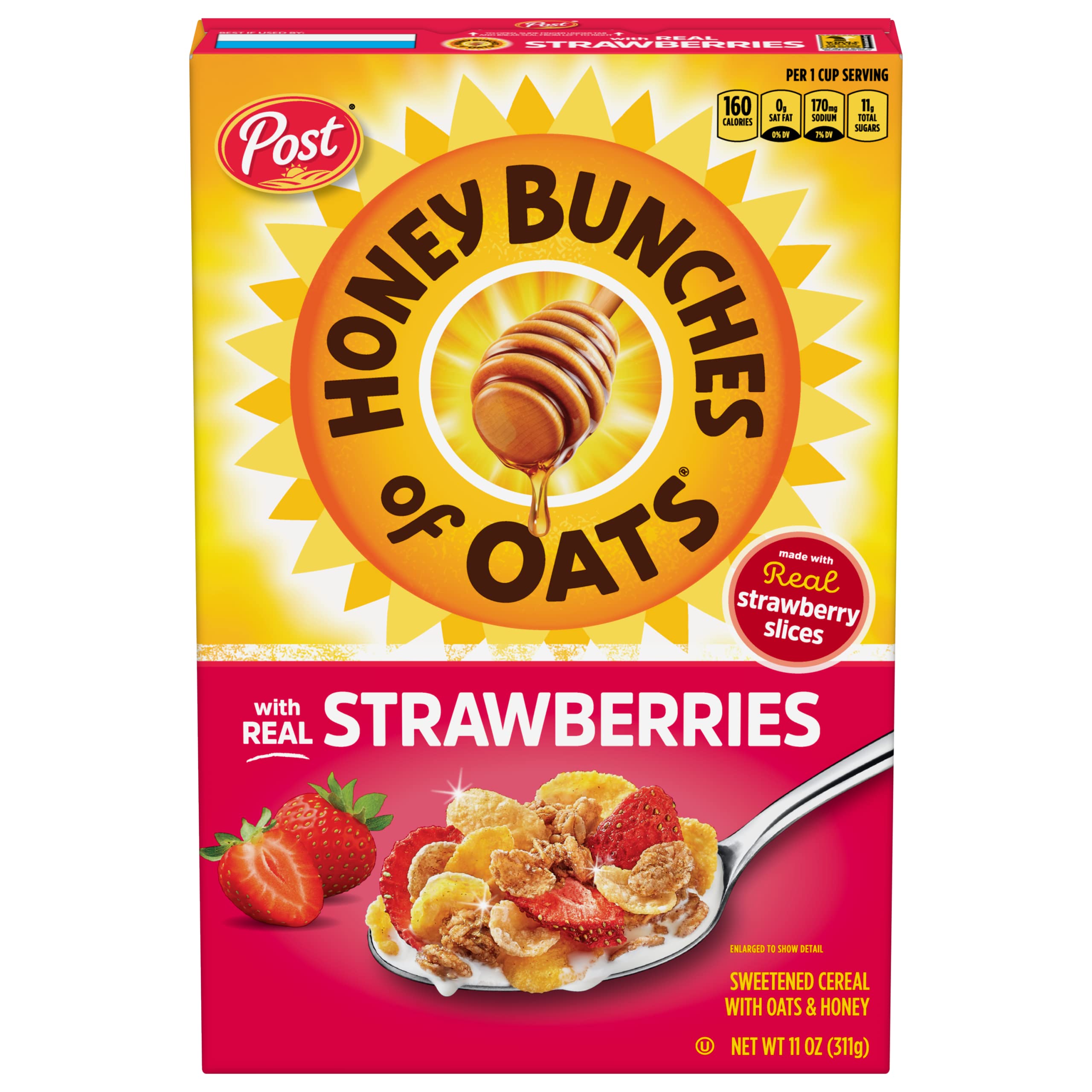 Honey Bunches of Oats with Strawberries Breakfast Cereal - Crunchy Honey Oats & Real Strawberry Flakes, 11 oz Box - Perfect for Family Breakfast & Healthy Snacking