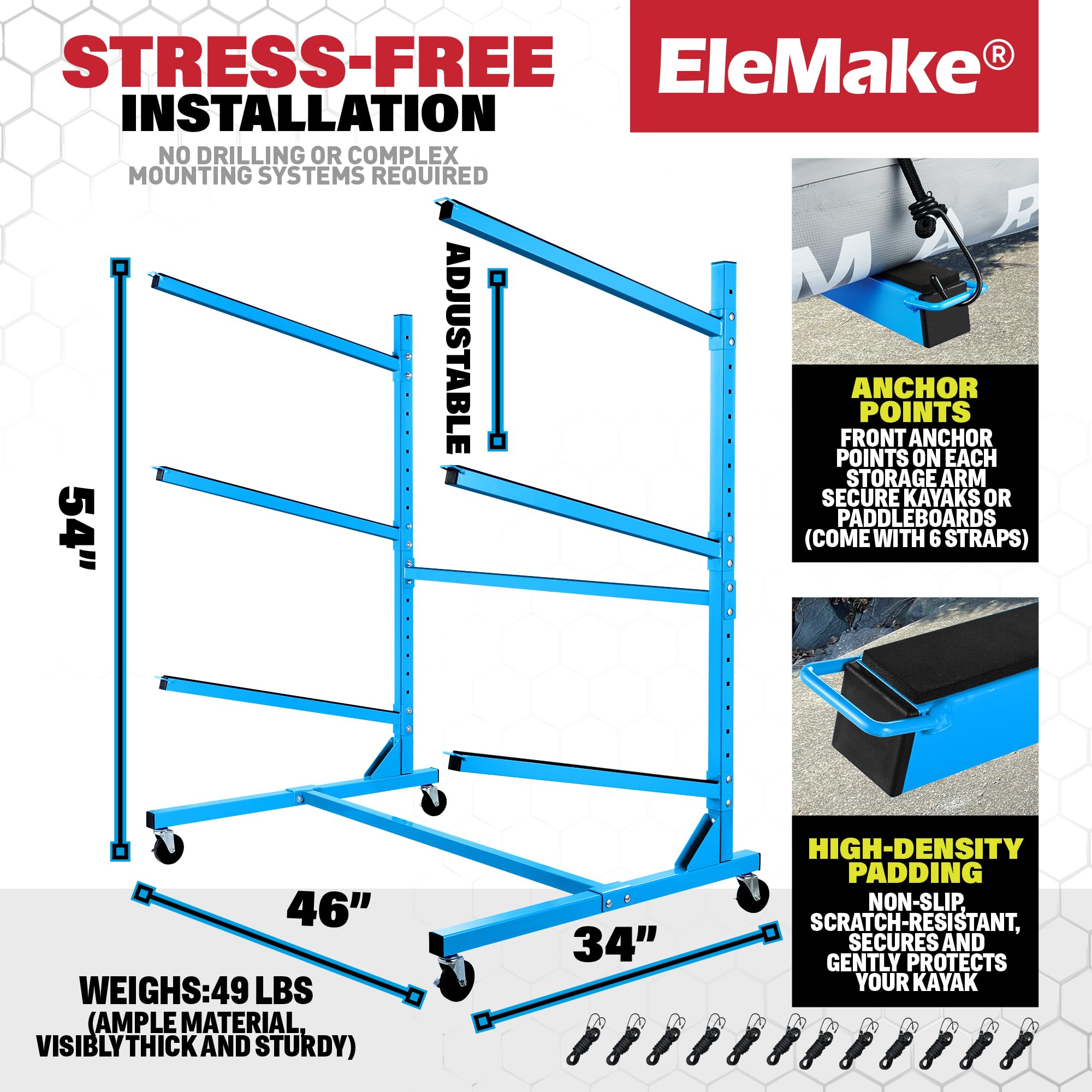 Elemake Heavy Duty Kayak Storage Rack with Wheels - Adjustable Freestanding Water Sports Rack for SUP, Paddleboard, Surfboard - Indoor/Outdoor Weatherproof Holder for Garage, Backyard, Dock Storage