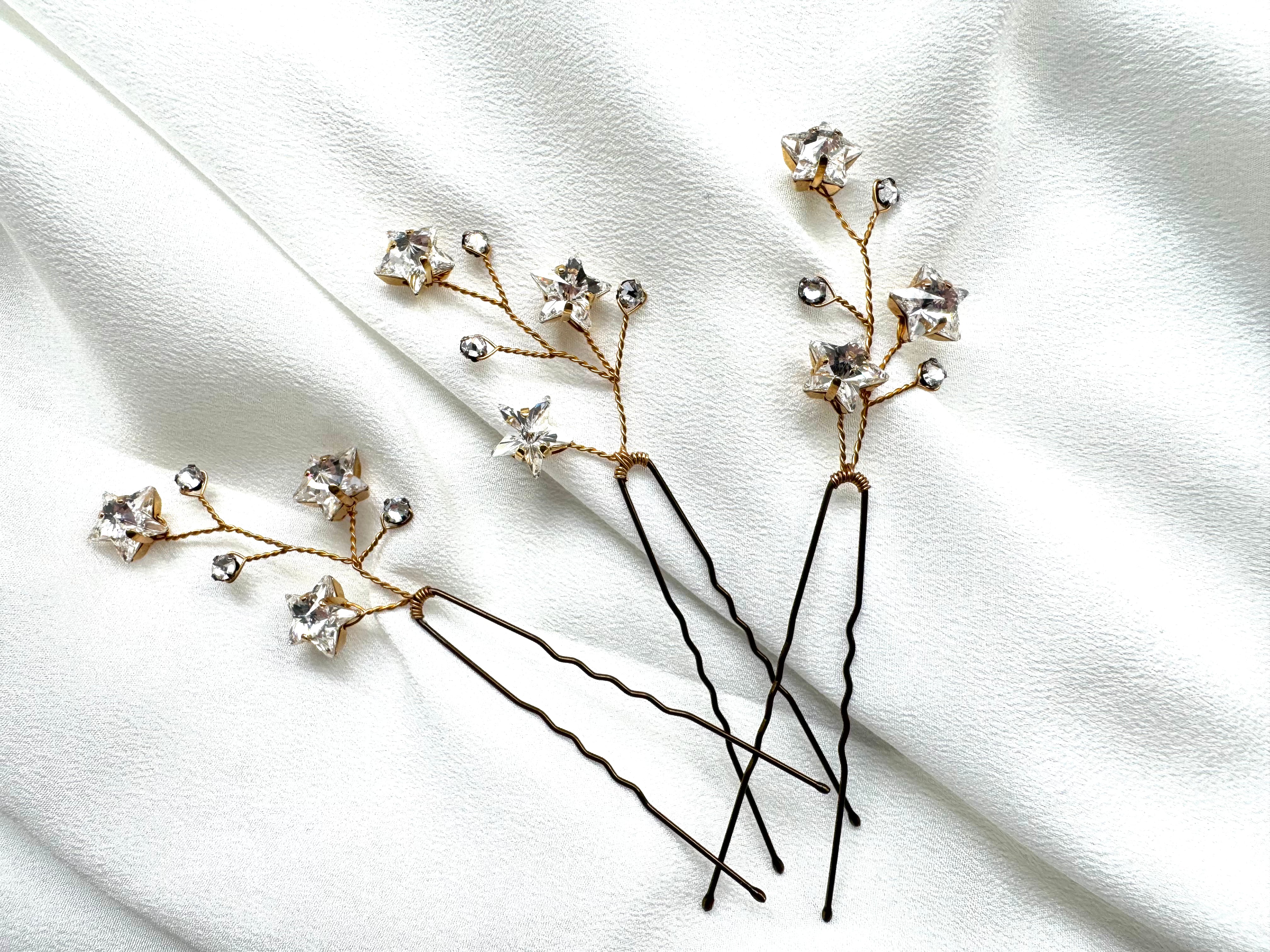 Lunaria Gold Star Hairpins Trio Set - Elegant Hair Accessories for Women, Bridal Hair Clips, Boho Hair Jewelry - Perfect for Weddings, Parties & Everyday Wear