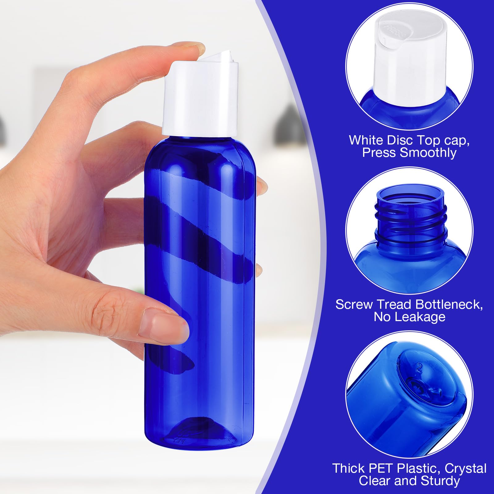 50 Pcs 4oz Empty Plastic Travel Bottles with Leak-Proof Disc Top Flip Cap - Small Refillable Containers for Shampoo, Lotion, Body Wash & Toiletries - Perfect for Air Travel, Camping & Gym Essentials (Blue)
