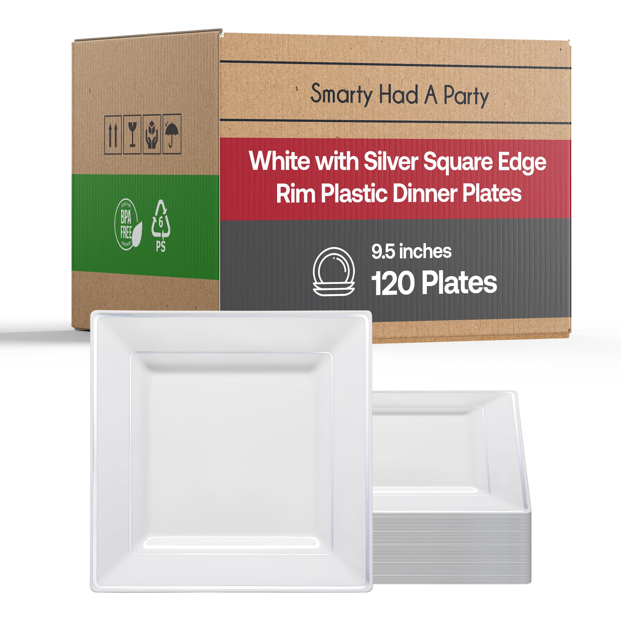 Premium Heavy-Duty Disposable Square Plastic Plates - Elegant White with Silver Trim, 9.5 Inch (120 Count) - Perfect for Weddings, Birthdays, Parties, Catering & Special Events - Durable Dinnerware for Indoor/Outdoor Entertaining