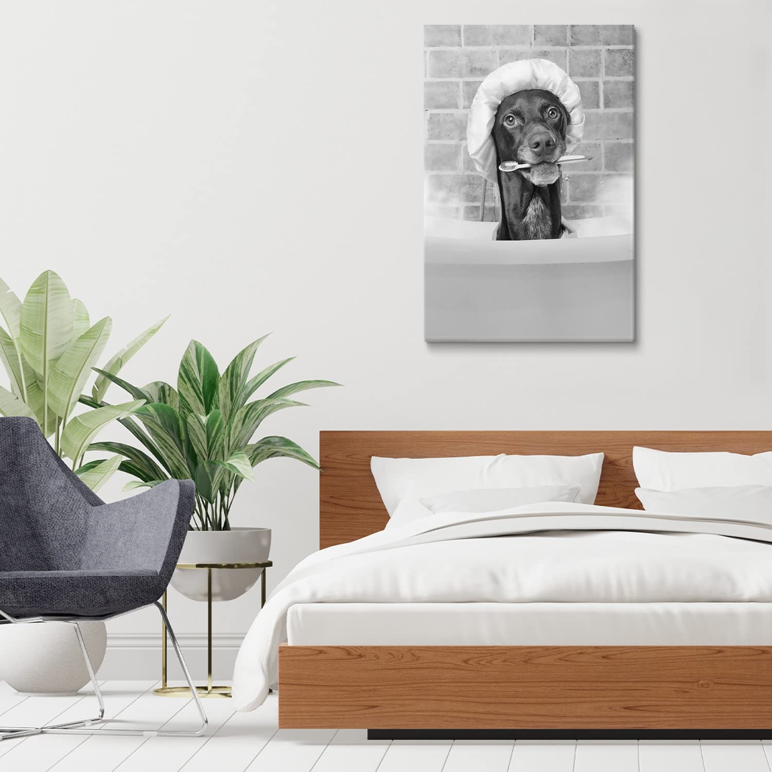 GUBIYU Funny Black and White Dog in Bathtub Canvas Wall Art - 24x36 Inch Contemporary Animal Painting Print for Bathroom, Living Room & Bedroom Decor | Perfect for Modern Homes, Apartments and Office Spaces