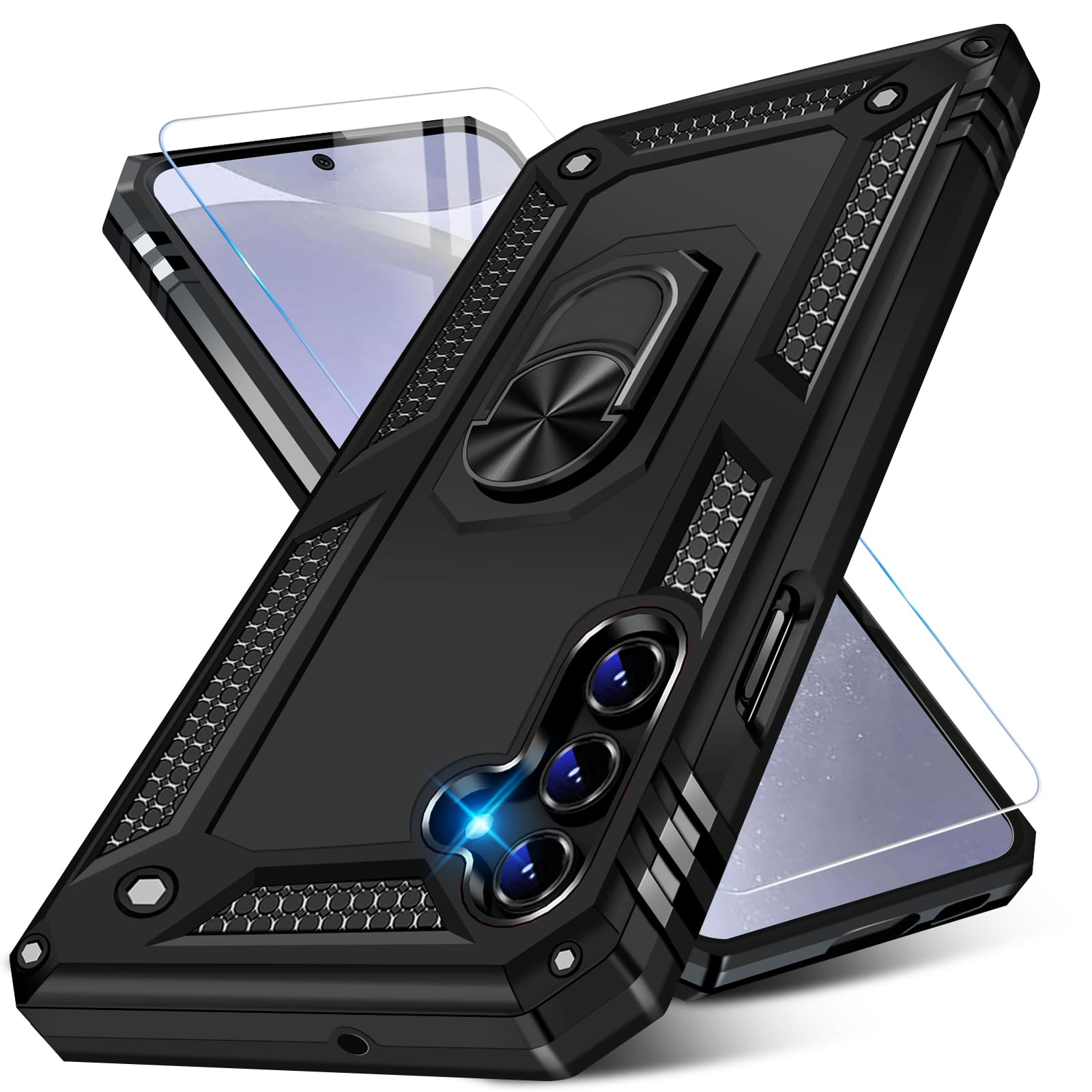 **Samsung Galaxy S24/S25 Case with Screen Protector – Military-Grade Shockproof Heavy Duty Cover, Magnetic Ring & Kickstand – Protective Phone Case for Galaxy S24 5G (Black) – Perfect for Outdoor, Travel & Daily Use**