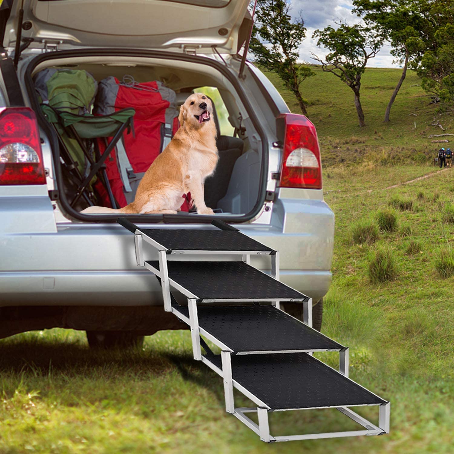 Extra Wide 4-Step Foldable Dog Ramp for Cars, SUVs & Trucks - Lightweight Aluminum Pet Steps for Large Dogs Up to 200lbs - Perfect for High Beds, Vehicles & Outdoor Adventures