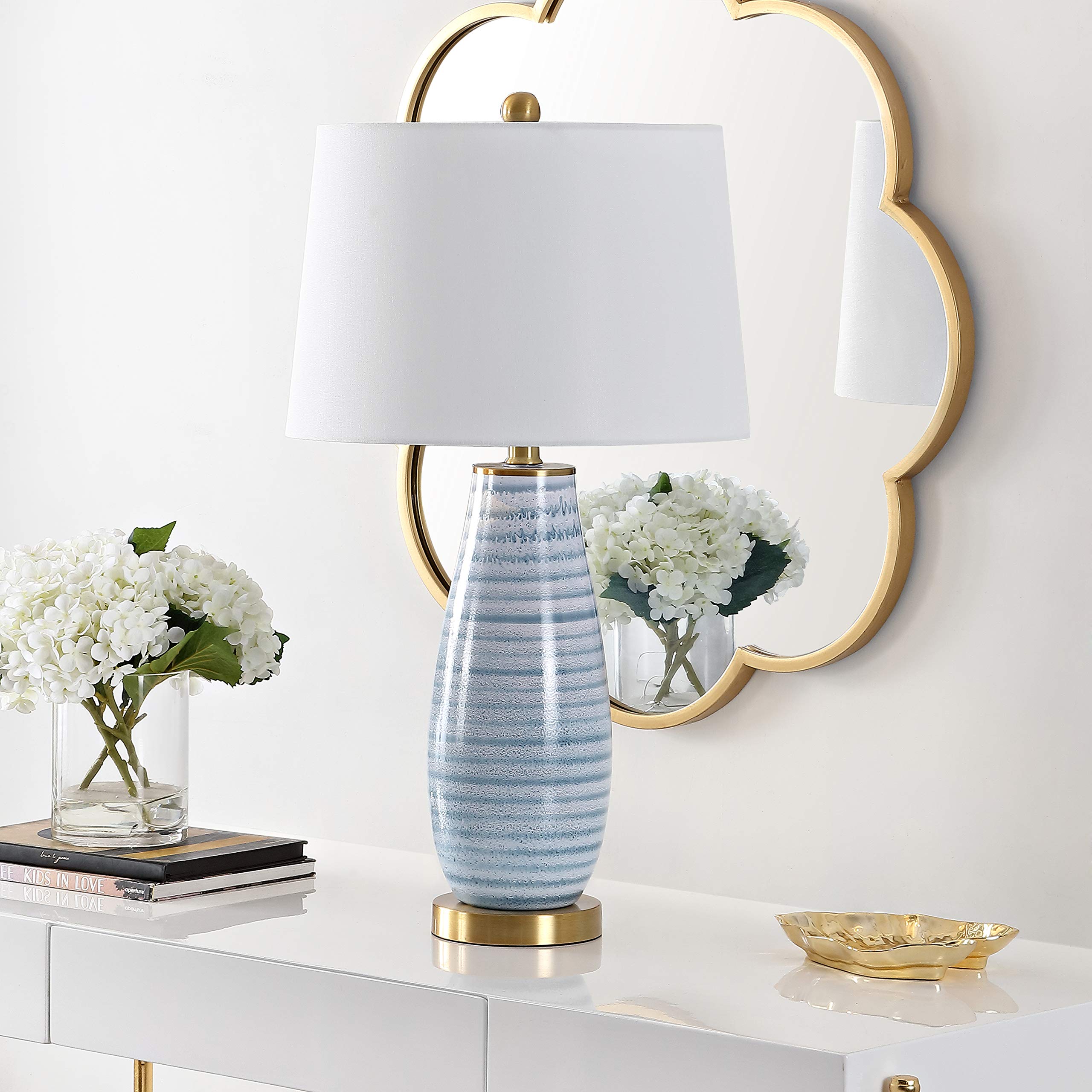Safavieh Eliana 27-inch Blue Stripe Glass Table Lamp with LED Bulb - Modern Bedroom, Living Room & Home Office Lighting for Nightstands & Desks