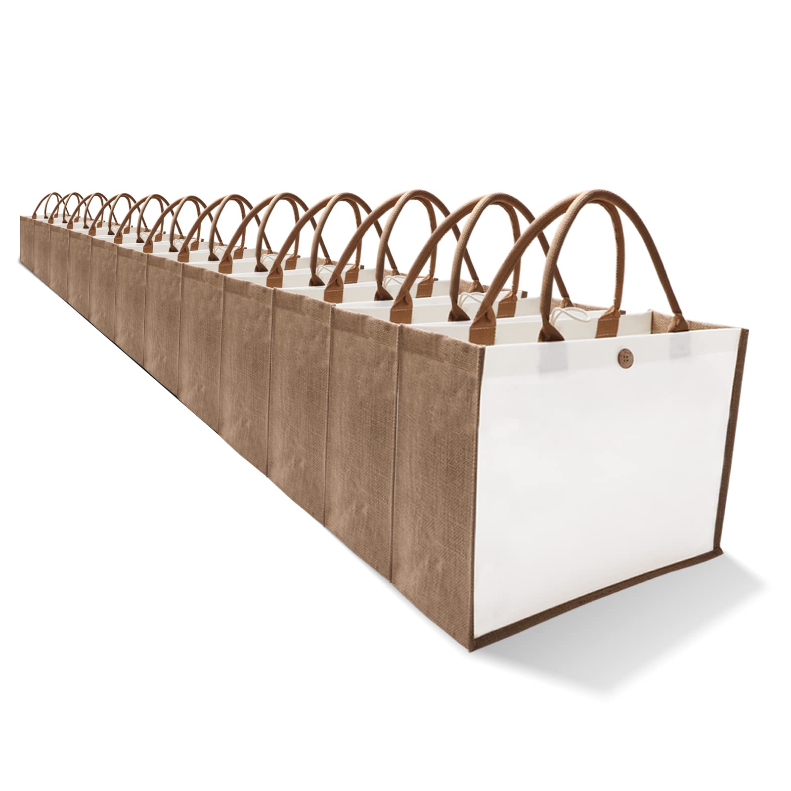 Eco-Friendly Jute Tote Bags Set of 10 - Reusable Burlap Grocery Bags with Button Closure & Sturdy Handles (16.5