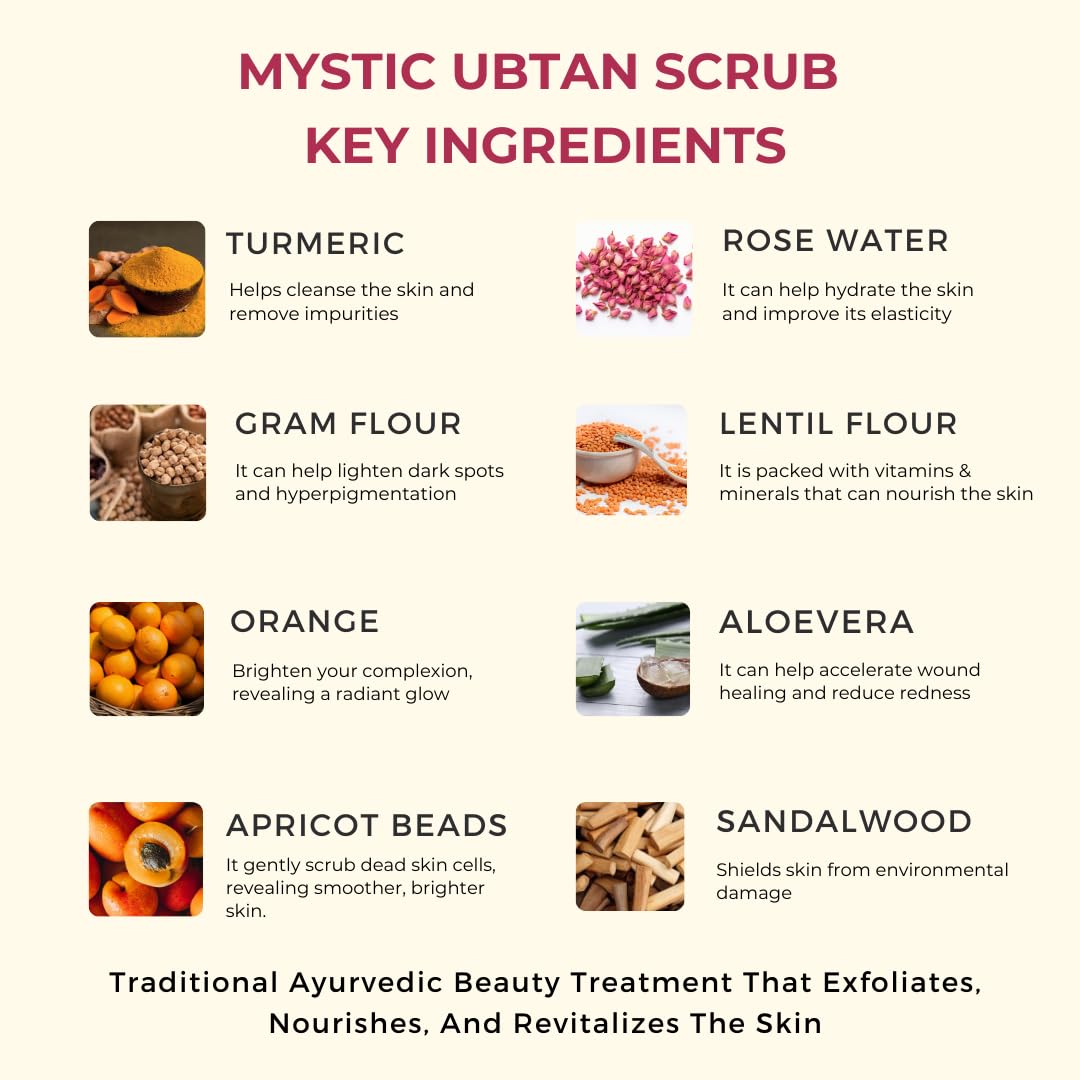 Mystic Pure Ayurveda Ubtan Face and Body Scrub with Apricot Beads - 200g | Natural Exfoliator for De-Tan & Glowing Skin | Revitalizing & Brightening Formula | Perfect for Daily Skincare & Spa Treatments