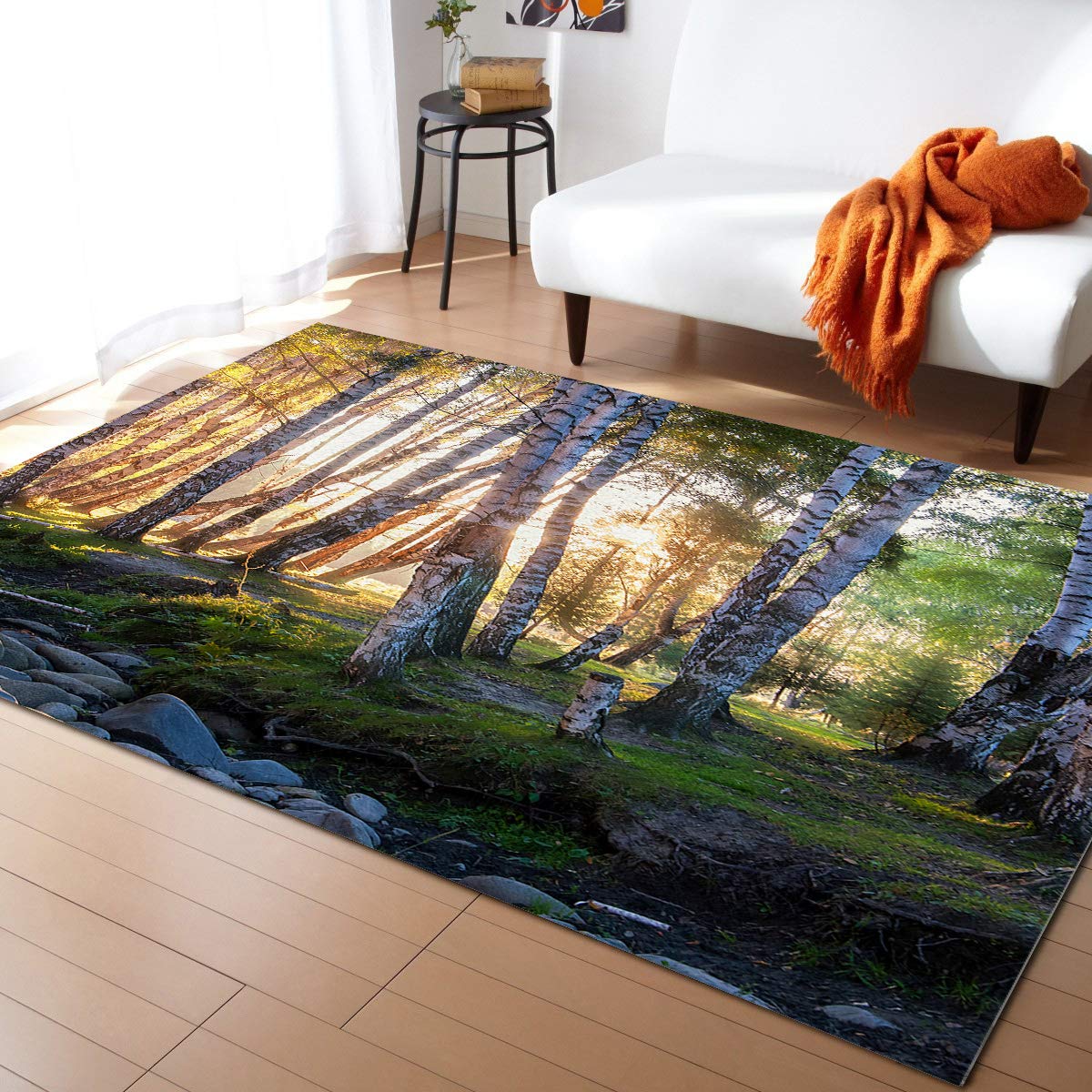 Soft Modern Indoor Area Rug - White Birch Forest Green Leaves Summertime Wildlife Nature Themed - Perfect for Kids Room, Nursery, Living Room & Bedroom Decor - Cozy Floor Carpet for Home Decor