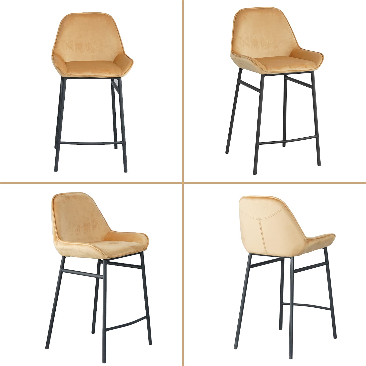Modern Velvet Counter Height Bar Stools Set of 2 with Backrest & Footrest - Armless Upholstered Barstools for Kitchen Island, Breakfast Bar & Dining Table - Comfortable Seating for Home, Cafe & Restaurant (C-Yellow)
