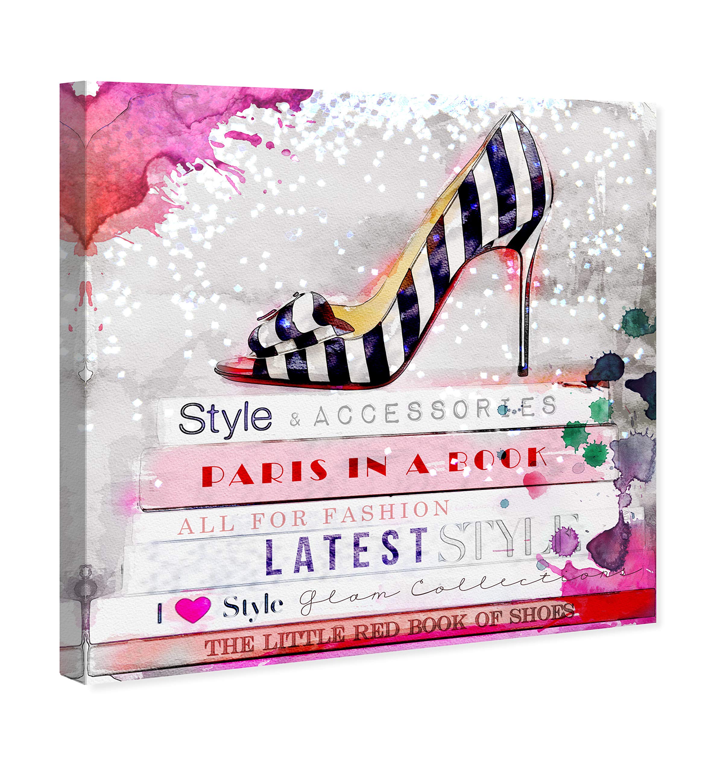 Oliver Gal Artist Co. Striped Shoe and Books Canvas Wall Art Print - 24x24 Inch Pink & White Fashion Décor for Living Room, Bedroom, Office
