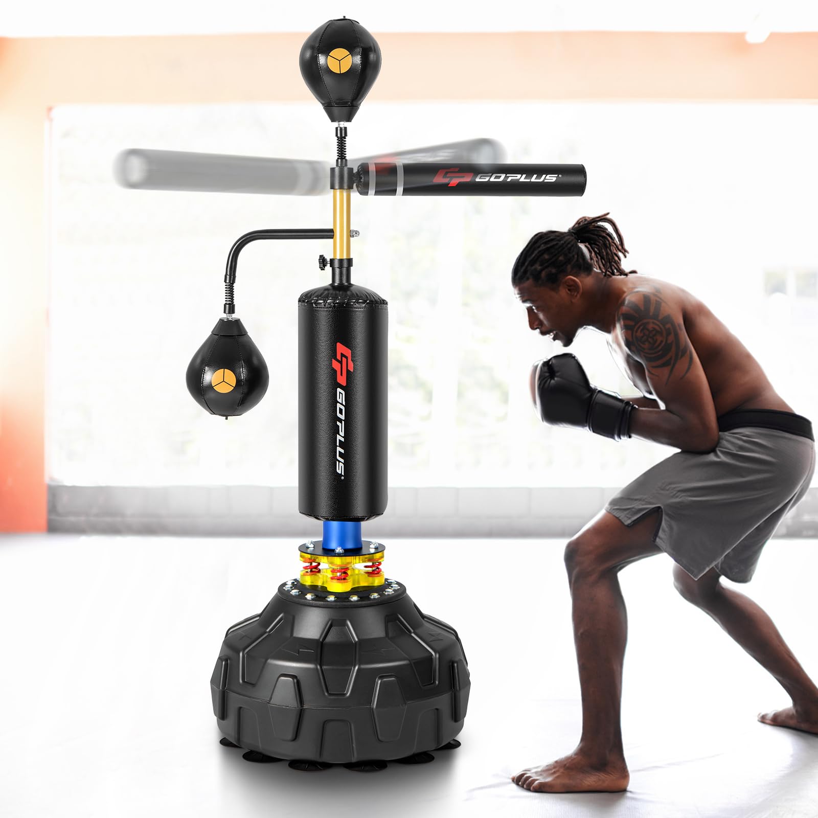 Goplus Freestanding Boxing Speed Trainer - 360° Spinning Punching Bag with 2 Reflex Speed Balls, Shock Absorbers & Fillable Base | Height Adjustable Boxing Equipment for Teens & Adults | Perfect for Home Gym, Boxing Training & Fitness Workouts