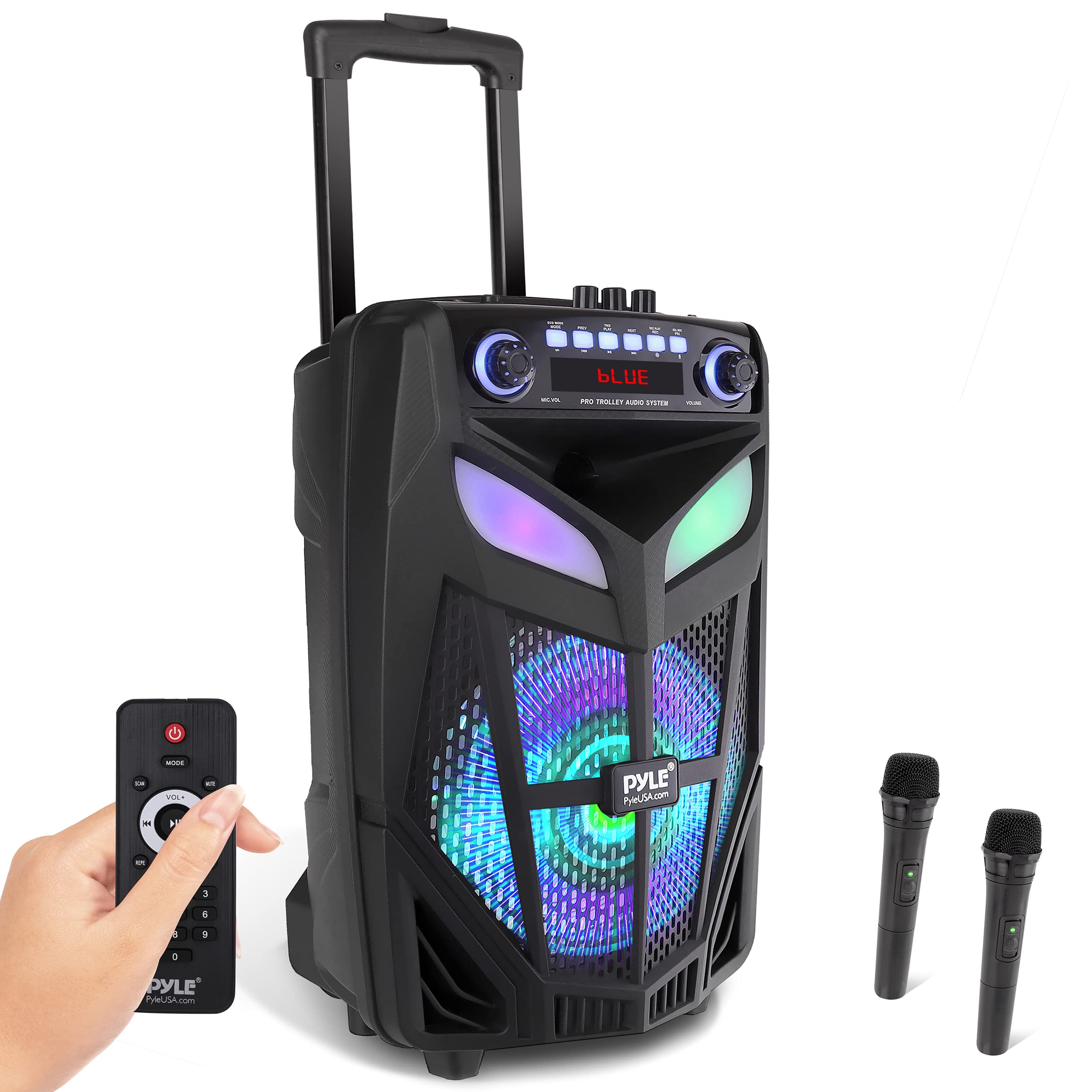Pyle 600W Portable Bluetooth PA Speaker System with 2 Wireless Mics, Party Lights & Wheels - 10