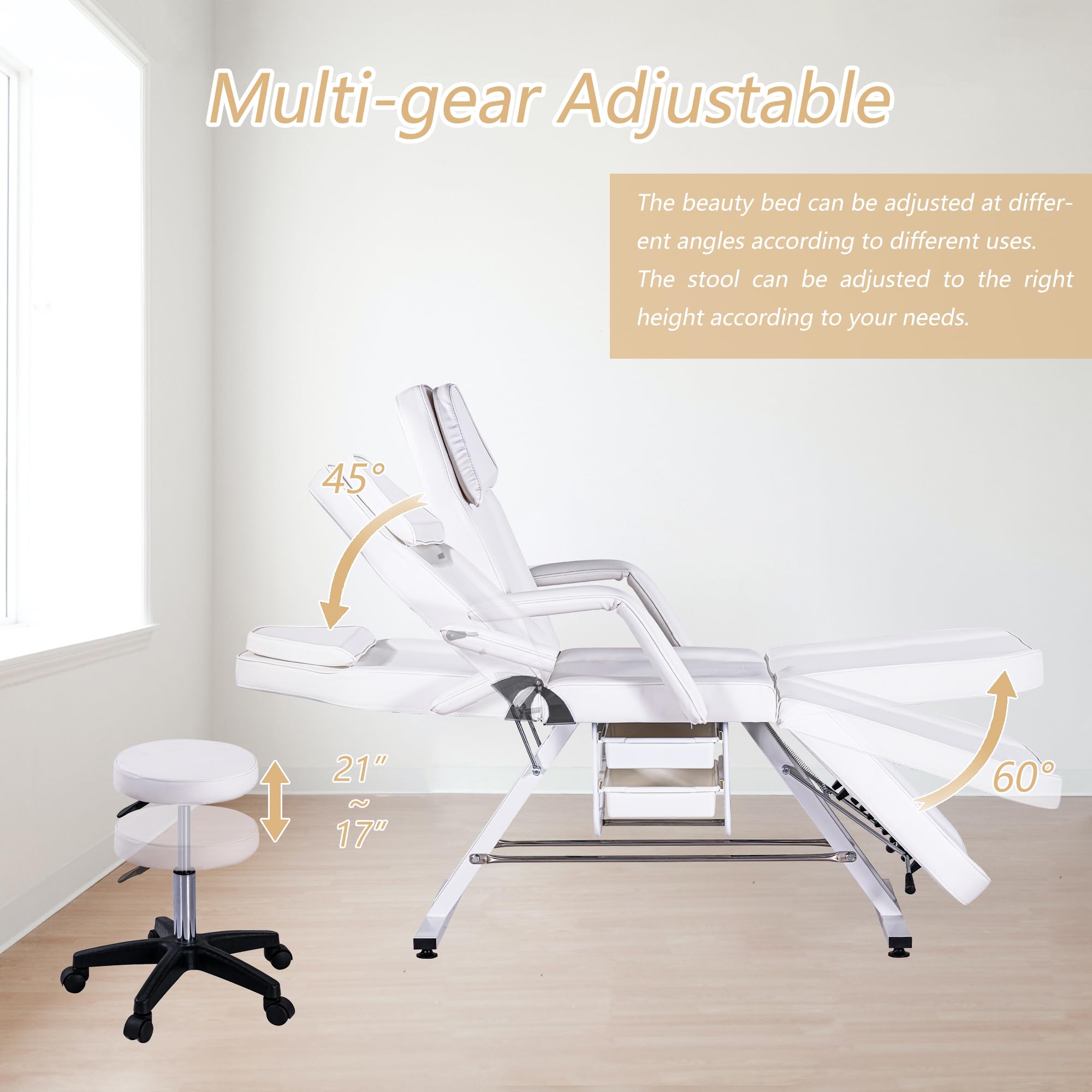 Premium 3-Section Hydraulic Facial Bed - Adjustable Massage Chair & Esthetician Table with Dual Trays for Salon, Tattoo & Spa | Multi-Purpose Beauty Equipment with Stool | Perfect for Professional Treatments & Client Comfort (White)