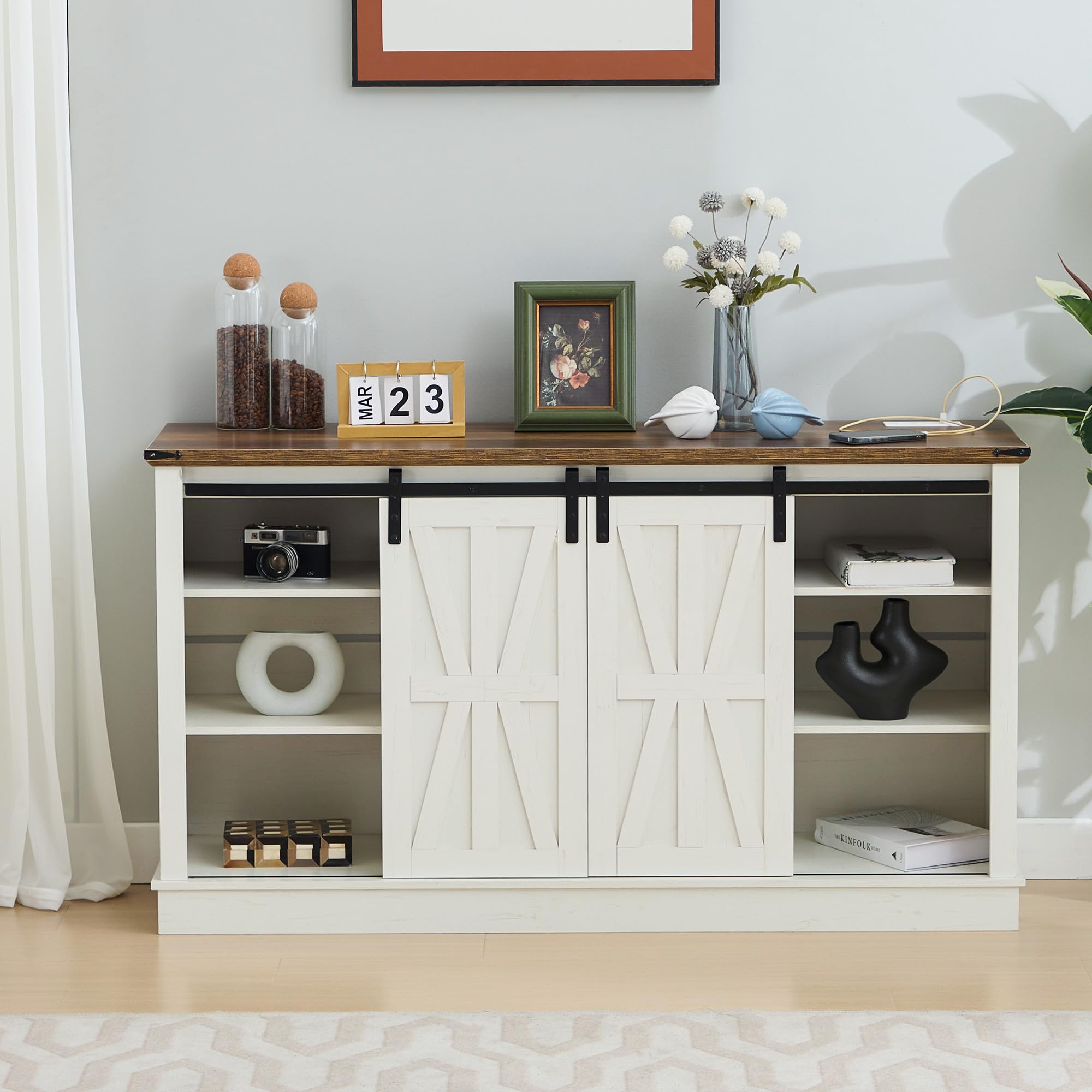 Rustic Farmhouse TV Stand with Power Outlets - Wooden Entertainment Center with Storage Cabinets & Sliding Barn Doors - Media Console for Living Room, Bedroom (White) - Perfect for Home Theater Setup & Cozy Family Movie Nights