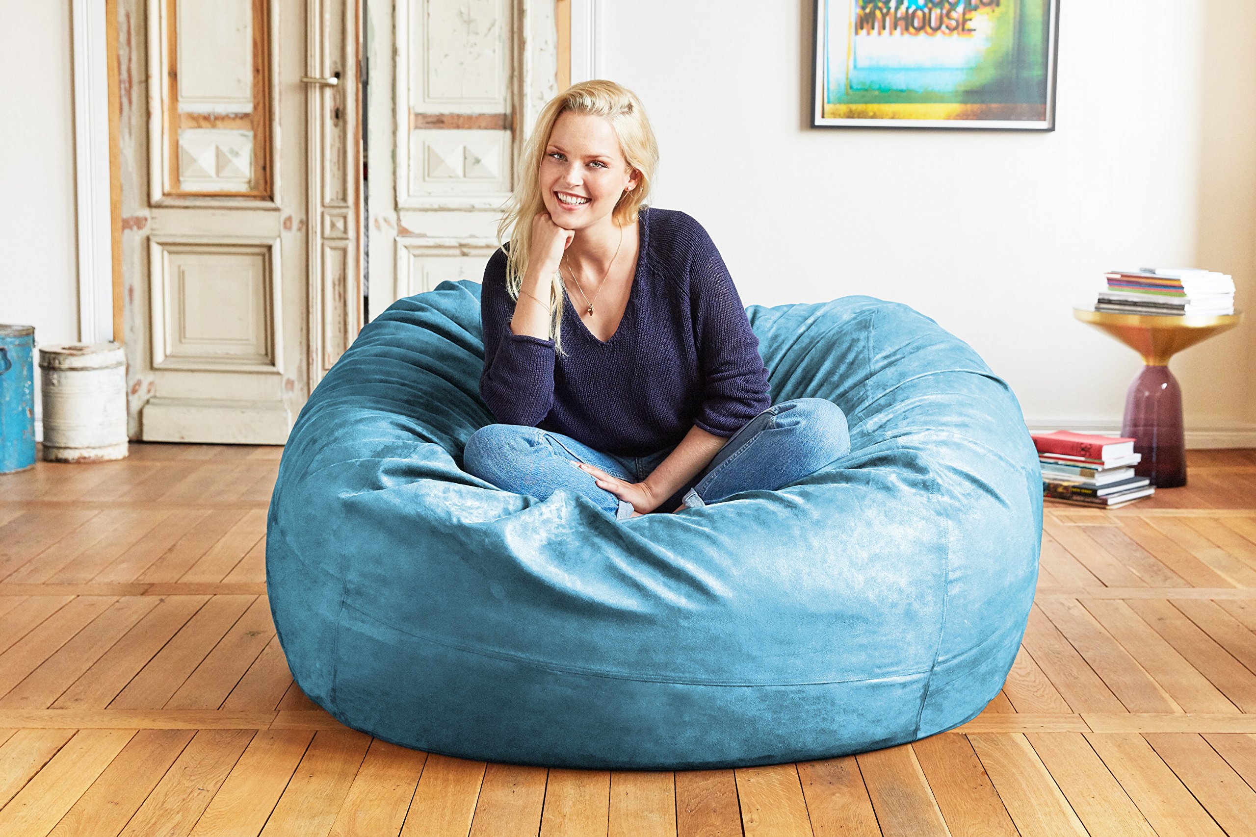 Lumaland 4ft Microsuede Bean Bag Chair - Ultra Soft Foam Filled Washable Lounge Chair for Kids, Teens & Adults - Light Blue Bean Bag Sofa for Bedroom, Dorm, Living Room & Playroom - Perfect for Reading, Gaming & Relaxation