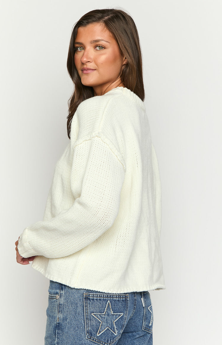Edwina Cream Raw Edge Knit Sweater for Women - Soft Chunky Oversized Pullover for Fall & Winter - Cozy Casual Wear for Outfits, Dates, and Office