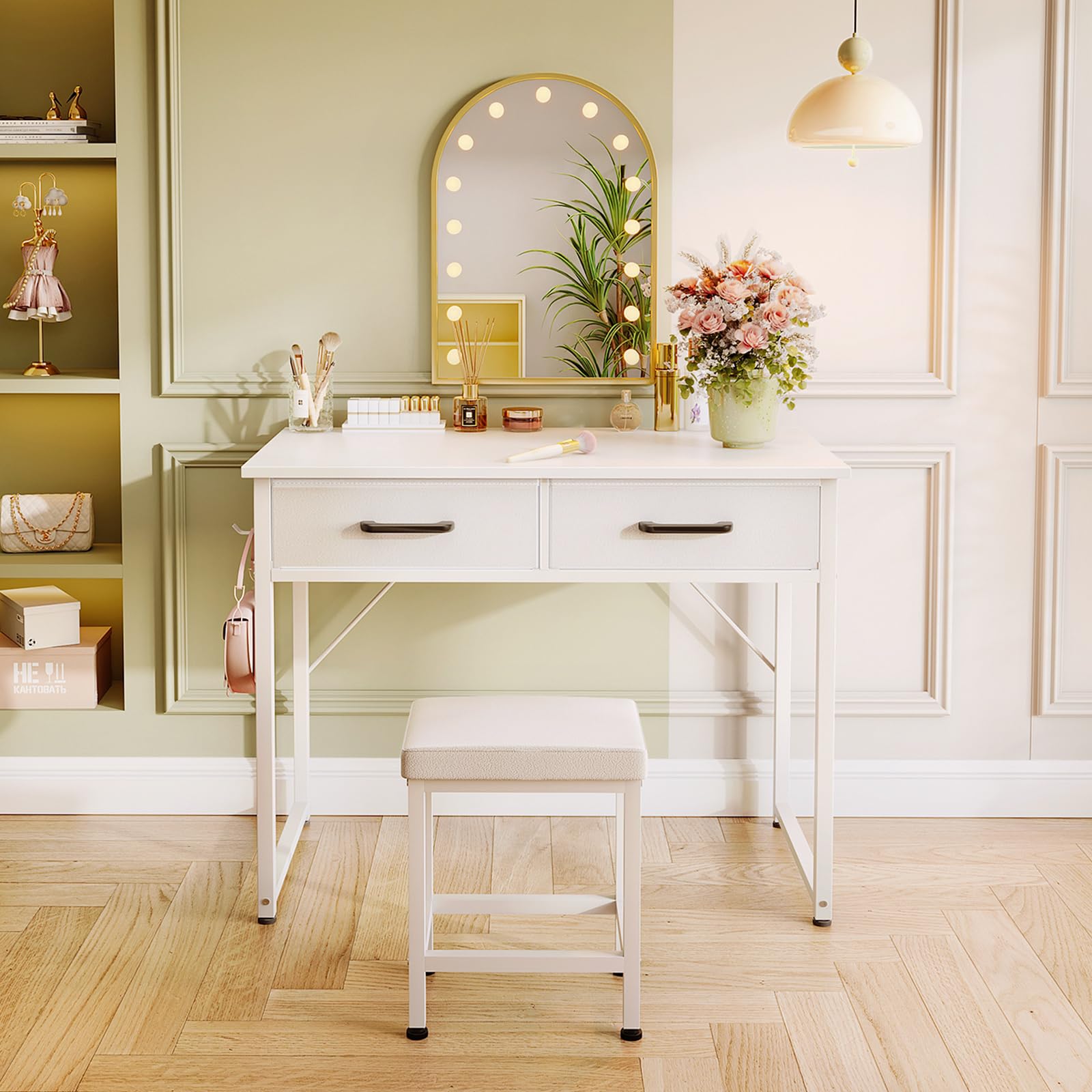 AODK 32 Inch Small Vanity Desk with Stool - No Mirror Makeup Table with 2 Fabric Drawers & Steel Hook, White Vanity Table for Girls Bedroom | Perfect for Makeup Organization, Small Space Dressing Area & Bedroom Decor