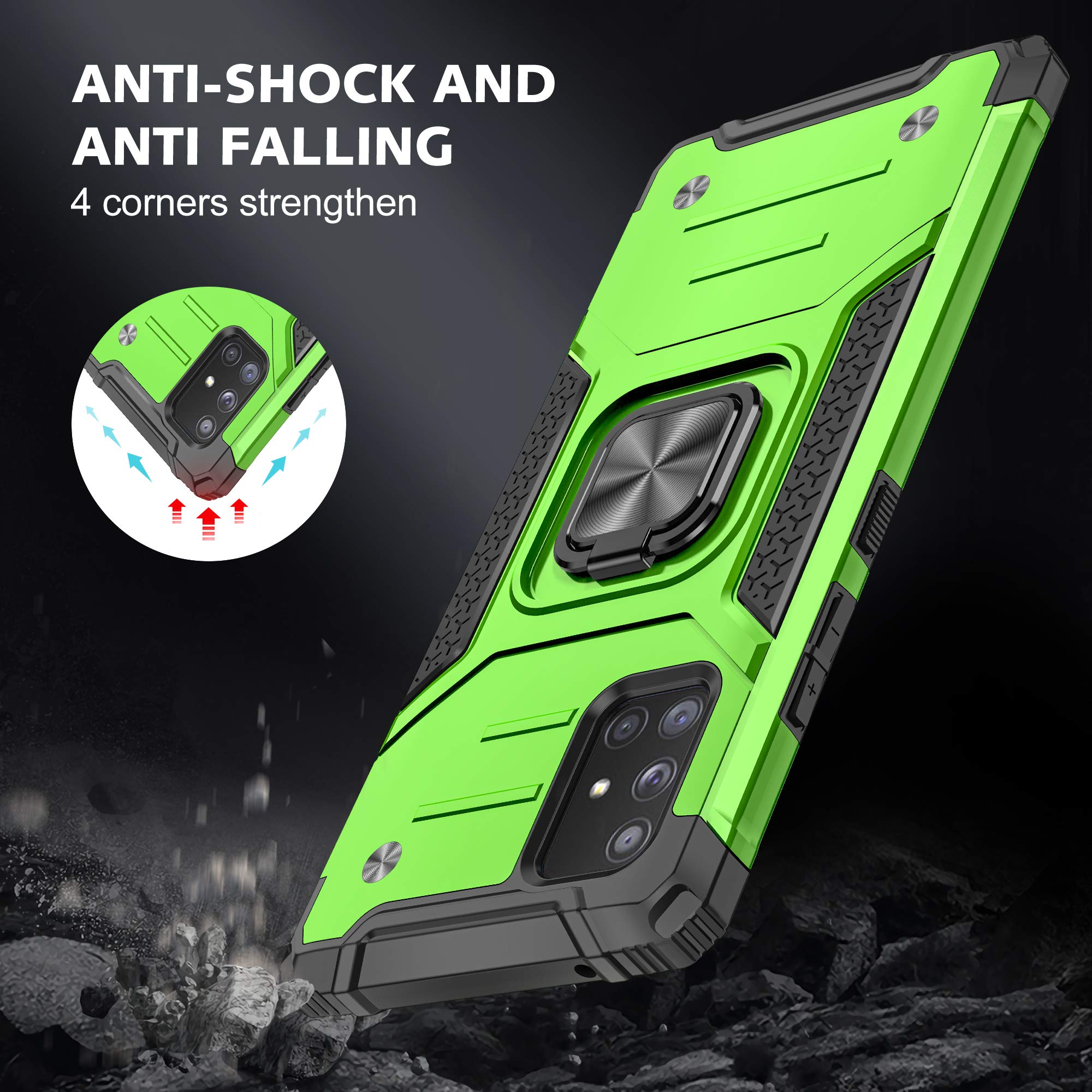 Samsung Galaxy A71 5G Case with Tempered Glass Screen Protector - Military Grade Protective Phone Cover with Magnetic Car Mount & Kickstand (Green) - Perfect for Work, Travel, and Outdoor Activities