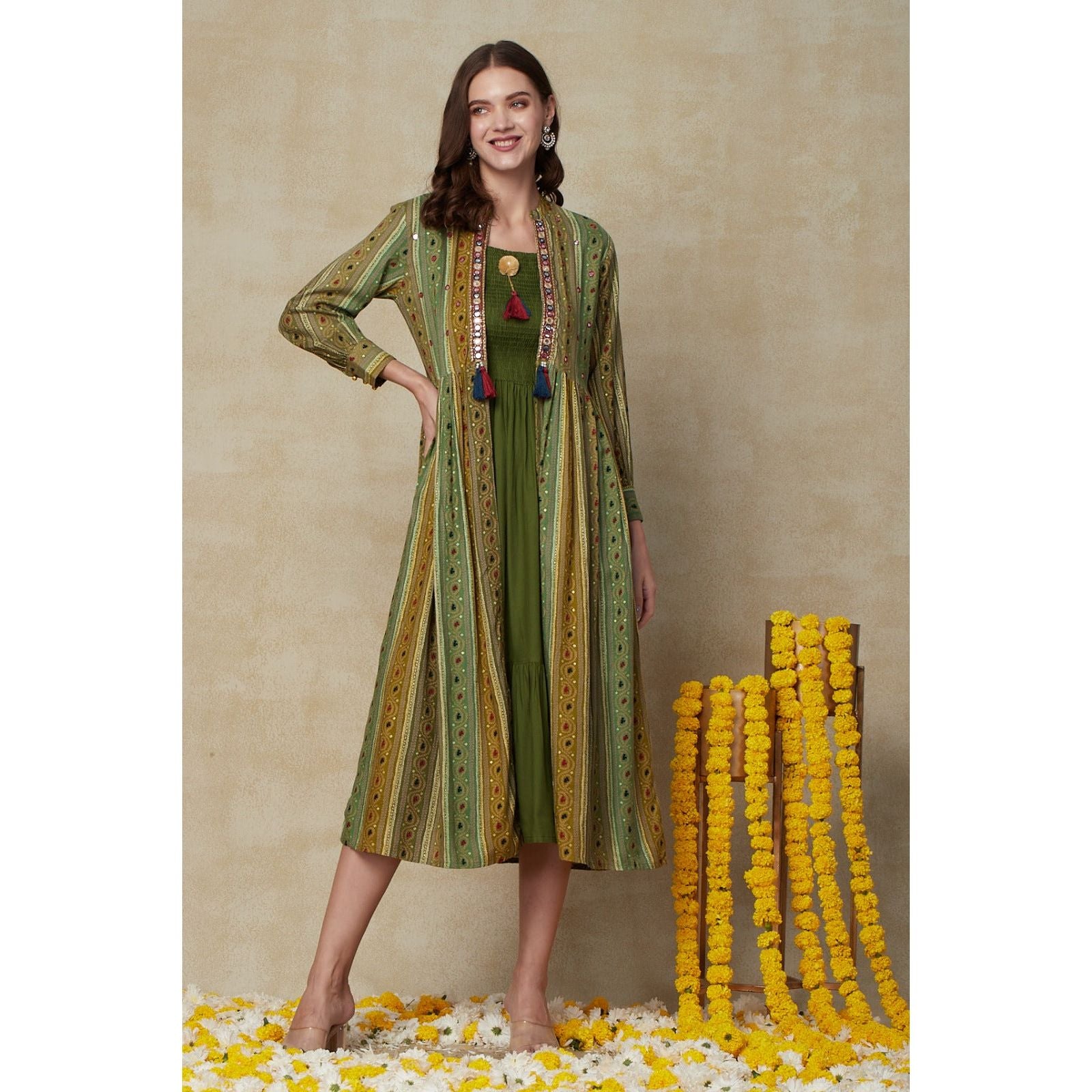 Stylish Green Kurta with Shrug for Women | Fusion Wear Ethnic Outfit | Perfect for Festivals, Parties & Casual Wear