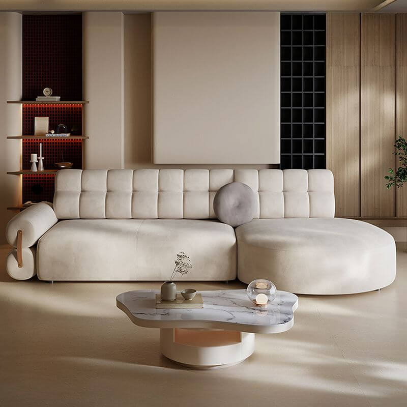 L-Shaped Sectional Sofa with Chaise Lounge, Channel Tufted Back, Soft White Polyester Blend Fabric, Seats 5, Round Arms & Hidden Support - Perfect for Living Room, Family Room or Home Theater