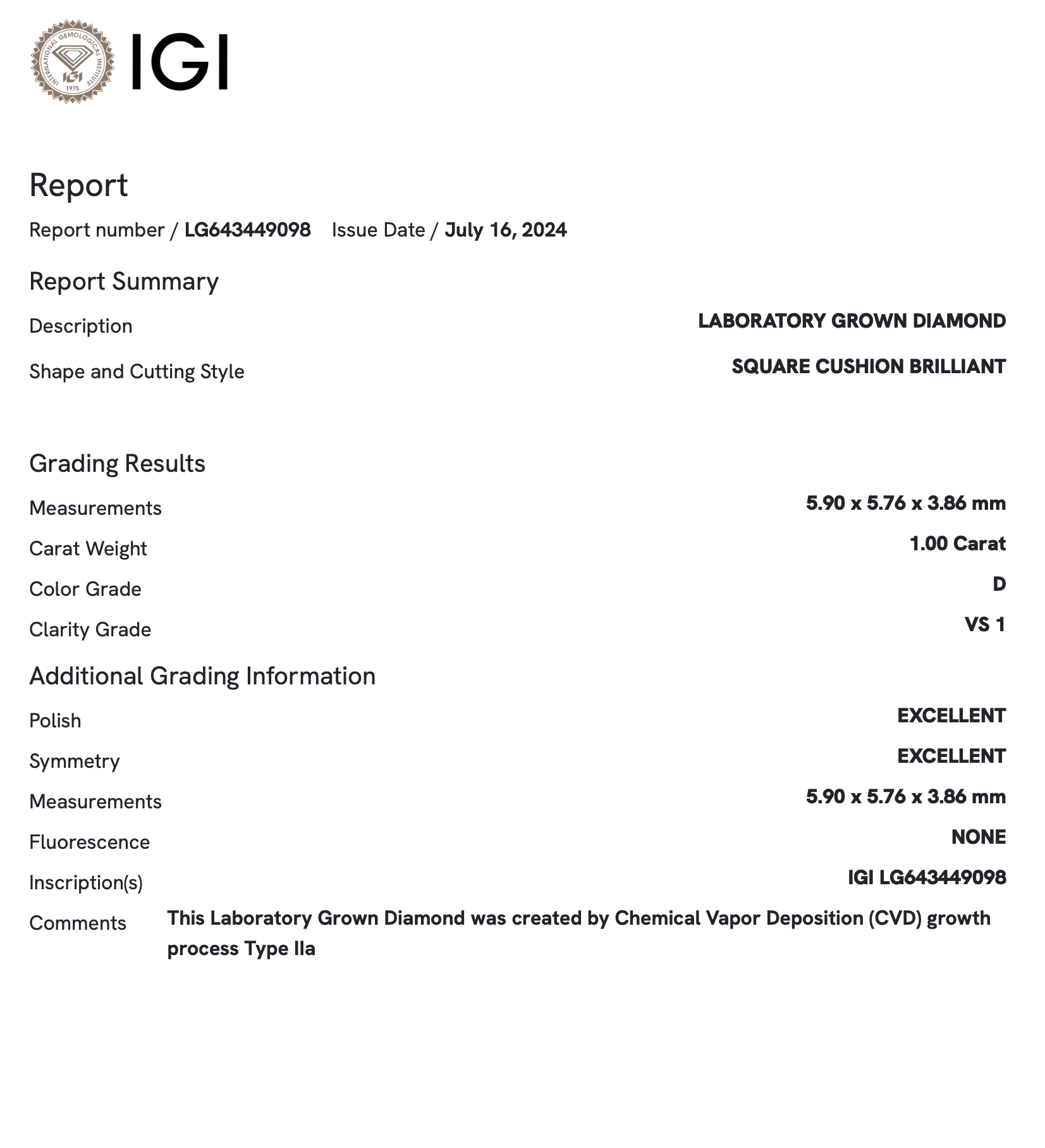 1.0 Carat Square Cushion Lab Grown Diamond (IGI Certified) - Perfect for Engagement Rings & Fine Jewelry