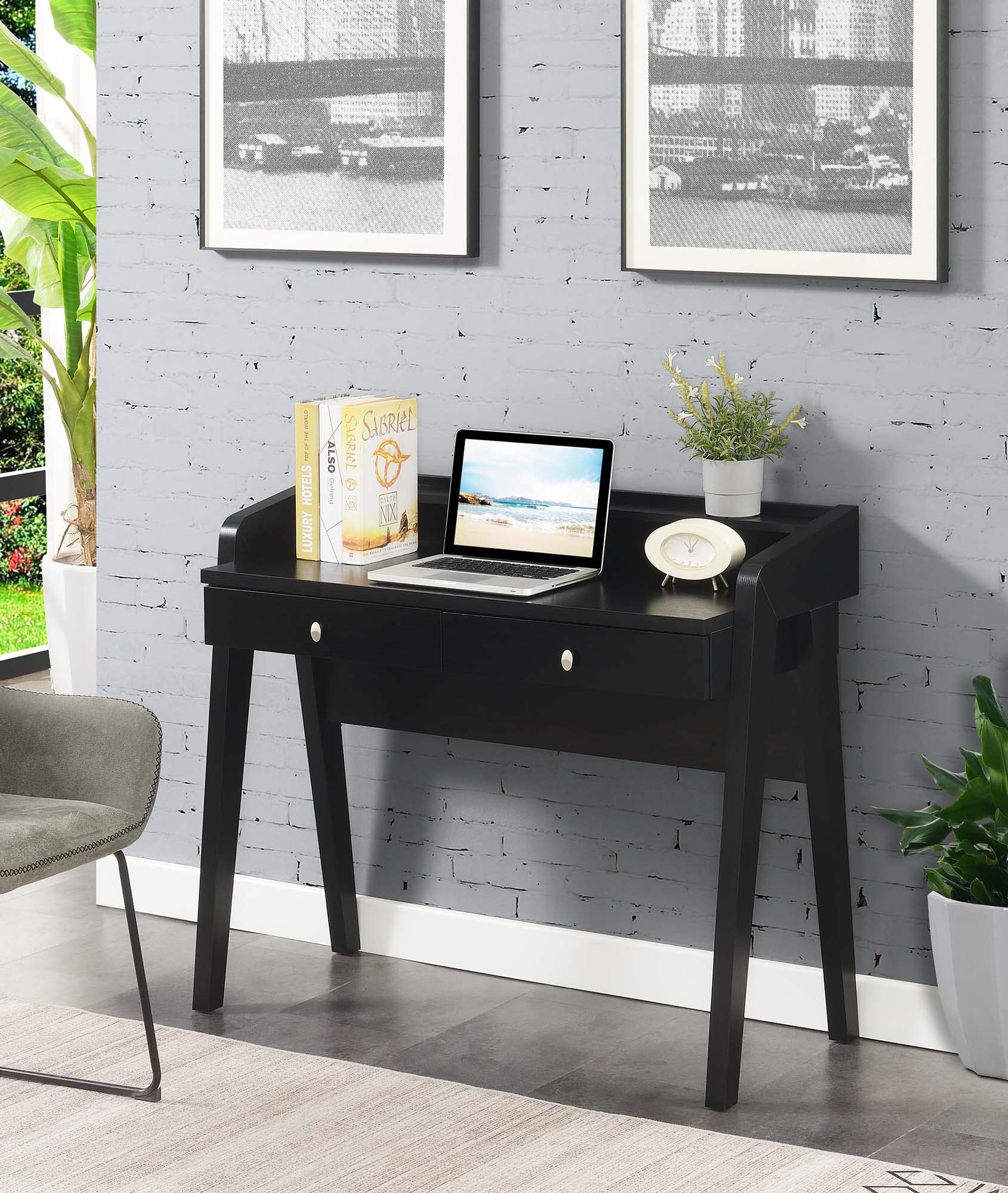 Convenience Concepts Newport Deluxe 2-Drawer Writing Desk with Storage Shelf - Black Finish for Home Office & Study Room