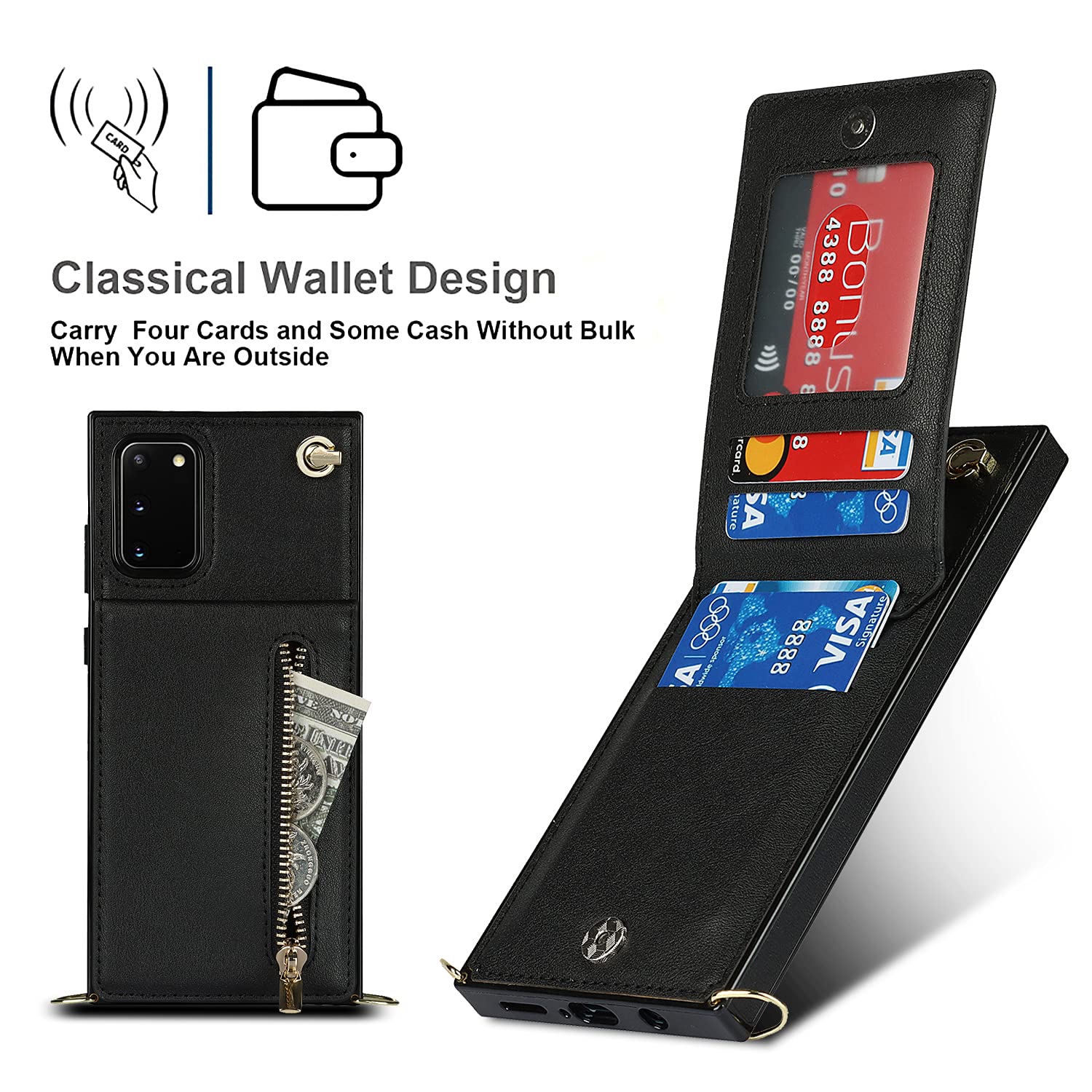 Samsung Galaxy S20 FE Wallet Case with Card Holder & Removable Crossbody Strap - Zipper Phone Case in Black | Perfect for Travel, Shopping & Everyday Use