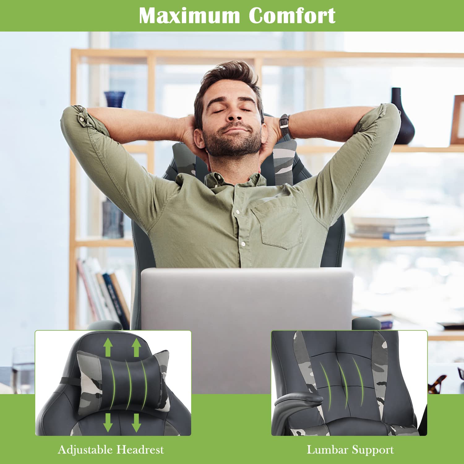 Ergonomic High Back Office & Gaming Chair with Adjustable Lumbar Support & Headrest - PU Leather Executive Swivel Task Chair for Home Office, PC Gaming, and Work - Perfect for Long Hours of Comfort (Camo Design)