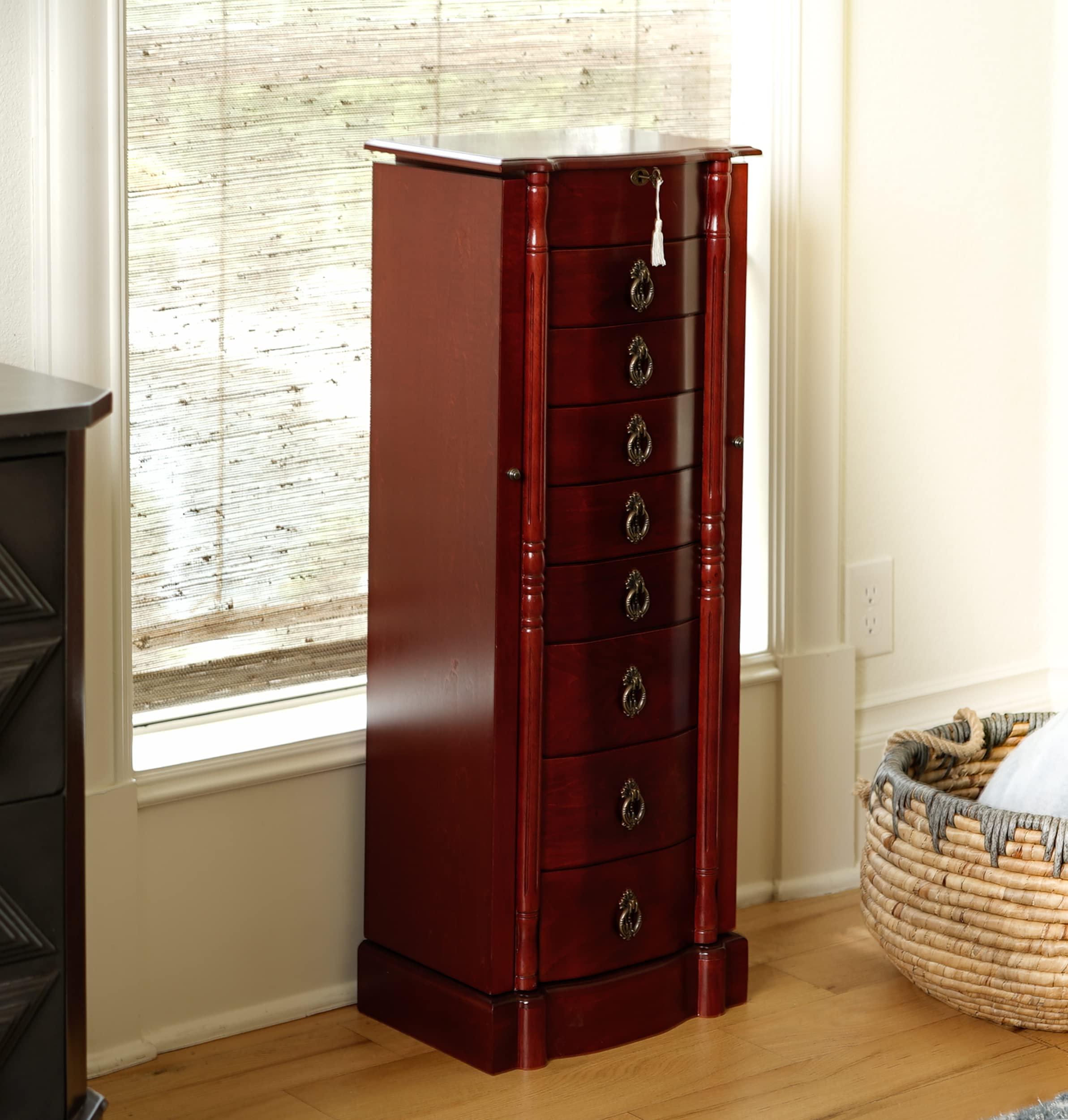 Francesca Jewelry Armoire - Antique Style Locking Jewelry Storage Organizer with Cherry Finish - Perfect for Bedroom, Closet & Vanity Organization