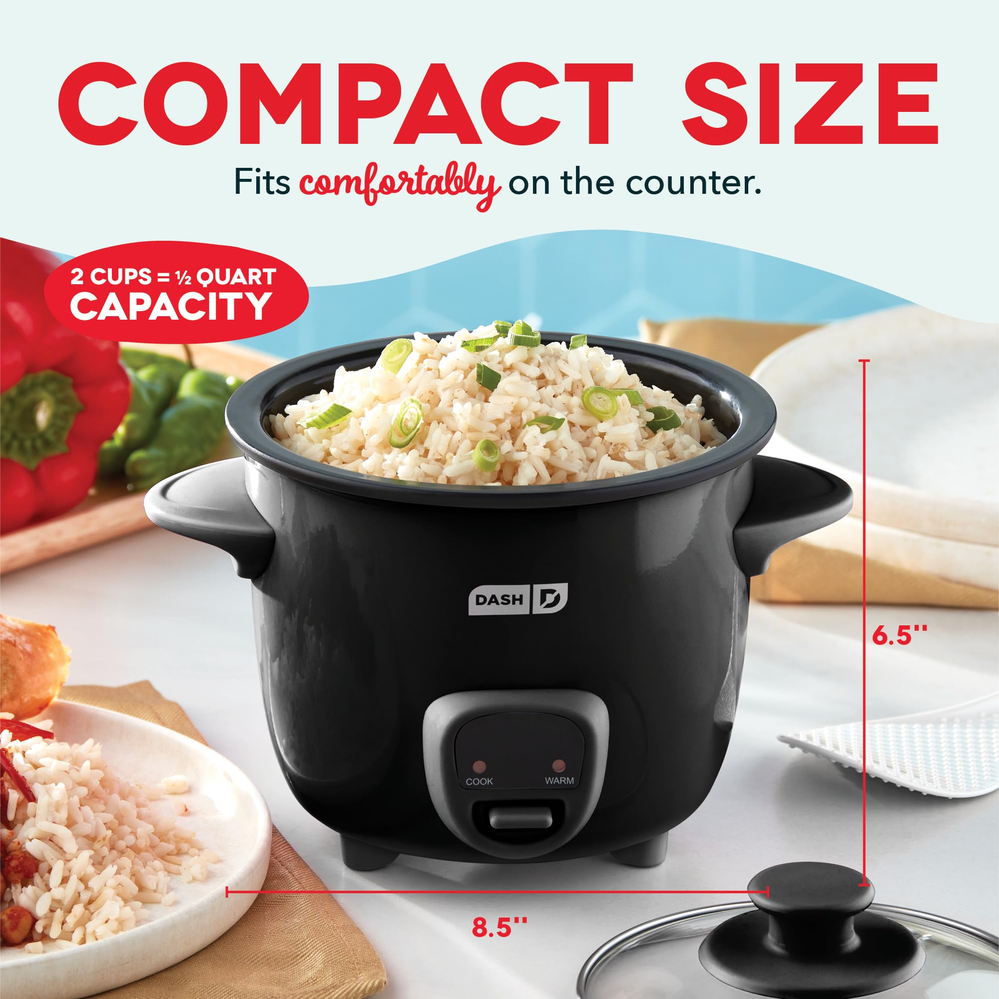 DASH Mini Rice Cooker Steamer - 2-Cup Capacity, Nonstick Removable Pot, Keep Warm Function, Includes Recipe Guide - Perfect for Rice, Oatmeal, Soups & Stews - Compact Kitchen Appliance for Dorms, Offices & Small Spaces (Black)