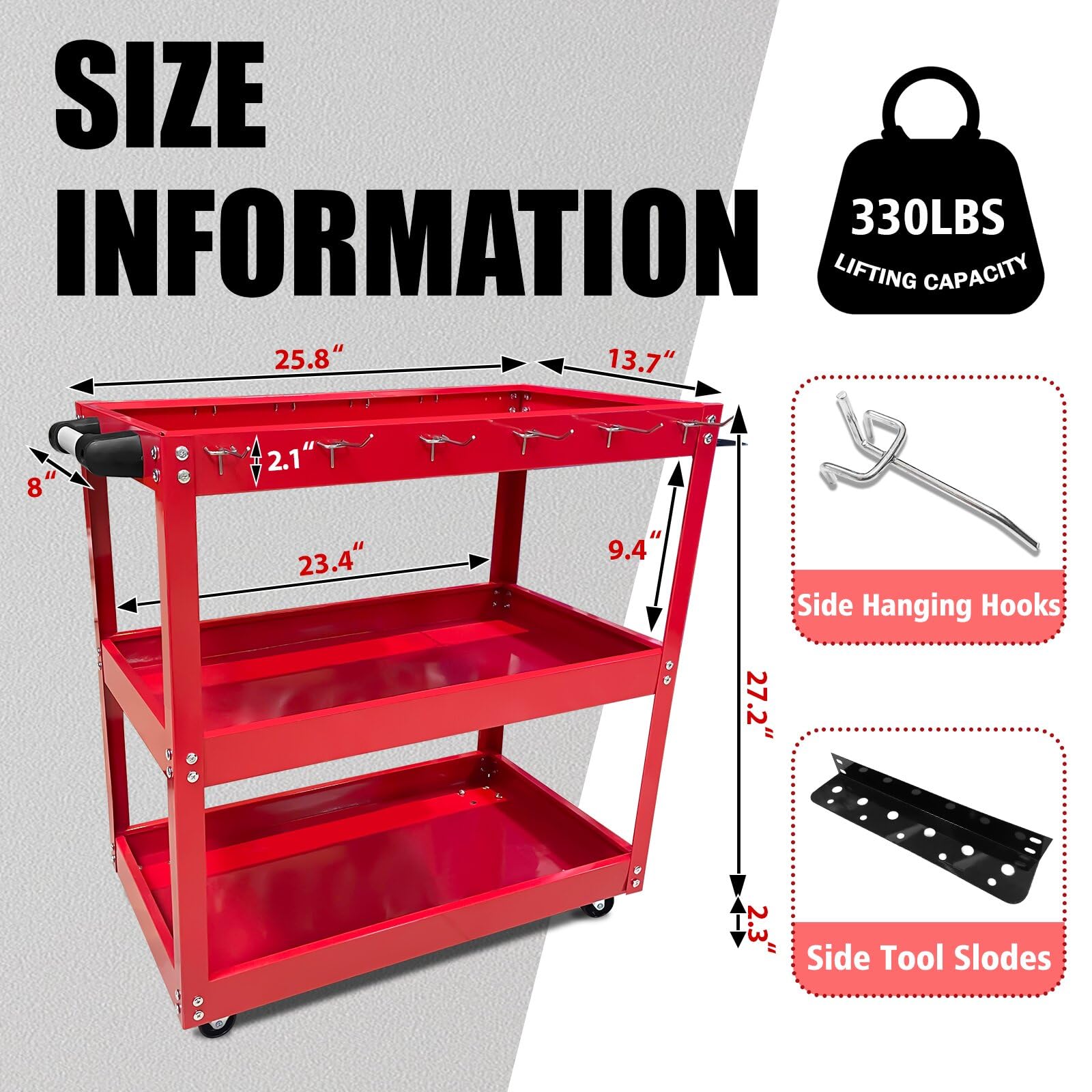 3-Tier Heavy Duty Rolling Tool Cart with Wheels & Side Hooks - 330LBS Capacity Metal Utility Cart for Garage, Workshop & Warehouse Storage - Perfect for Mechanics, DIY Projects & Industrial Organization