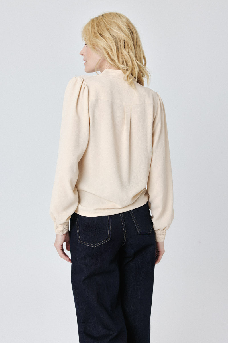 Eloina Faux Wrap Blouse for Women - Elegant Beige Tunic Top with V-Neck & Long Sleeves - Perfect for Office Wear, Business Casual & Date Nights