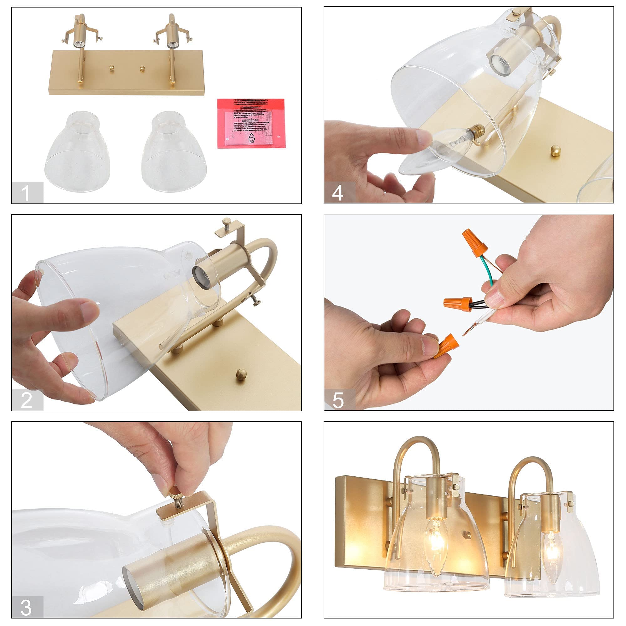 KSANA Gold Bathroom Vanity Light Fixture - 2 Lights with Clear Glass Shade for Bathroom, Kitchen & Hallway - 13.5