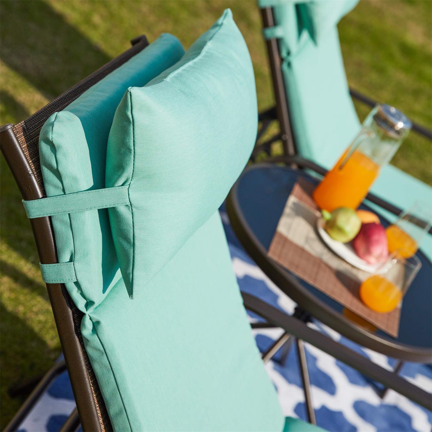 Premium Adjustable Outdoor Lounge Chair with Folding Table - Light Green Patio Chaise Lounge for Camping, Beach, Poolside & Backyard Relaxation | 3-Piece Portable Metal Recliner Set for Ultimate Comfort