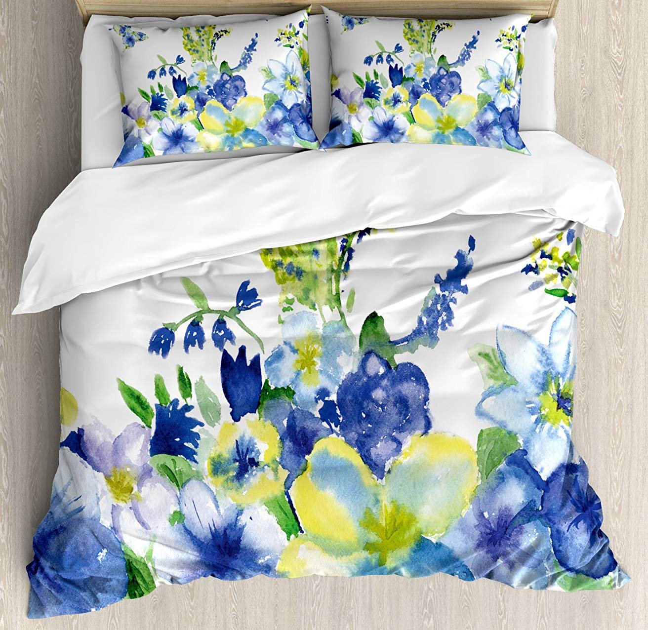 Yellow and Blue 3-Piece Twin Bedding Set - Soft Comforter Duvet Cover with 2 Decorative Pillowcases for Kids, Teens & Adults | Spring Floral Watercolor Design | Perfect for Nursery, Dorm Room & Cozy Bedroom Decor