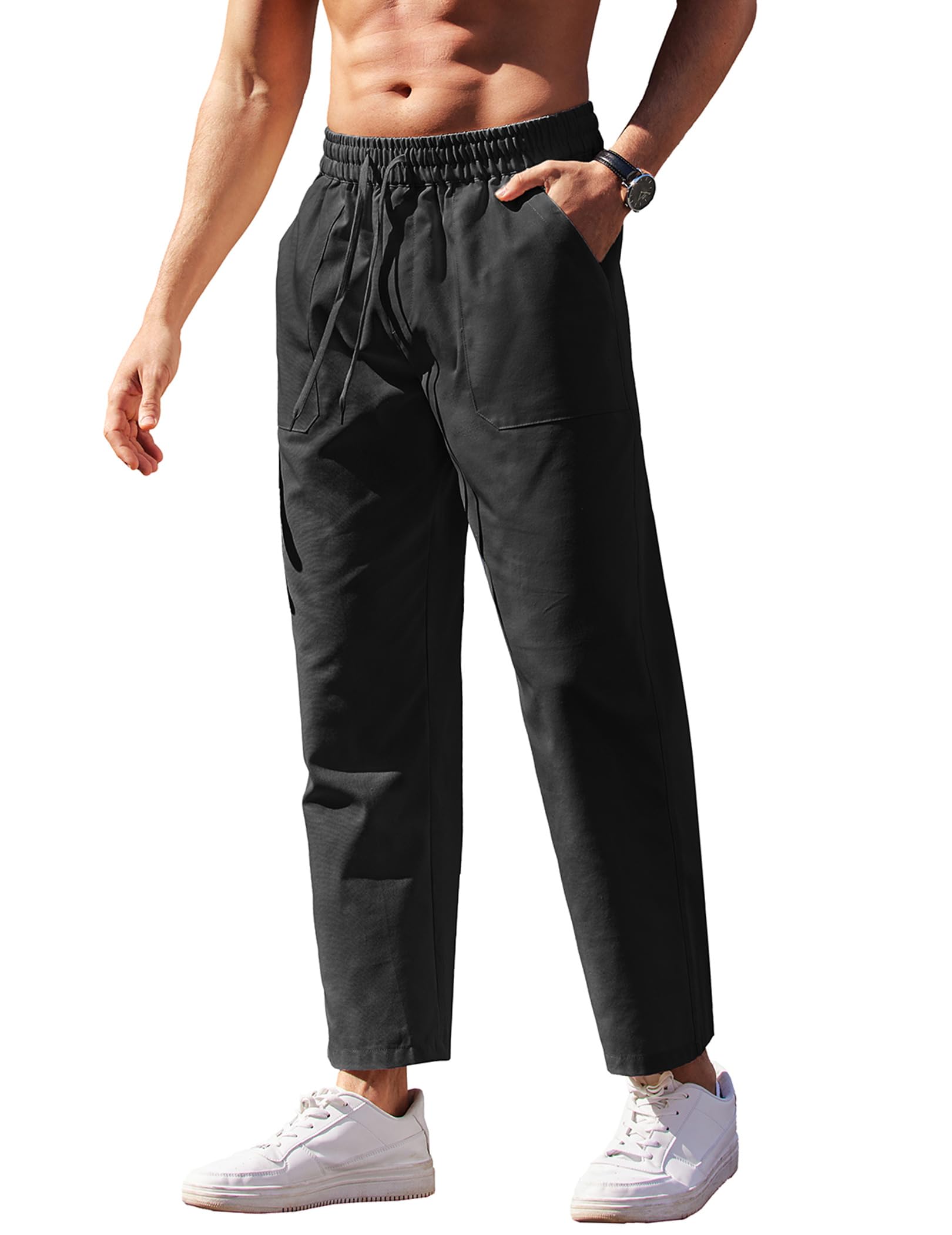 COOFANDY Men's Linen Casual Pants - Lightweight Breathable Drawstring Beach Pants with Elastic Waist for Yoga, Summer & Travel | Perfect for Vacation, Lounge & Outdoor Activities