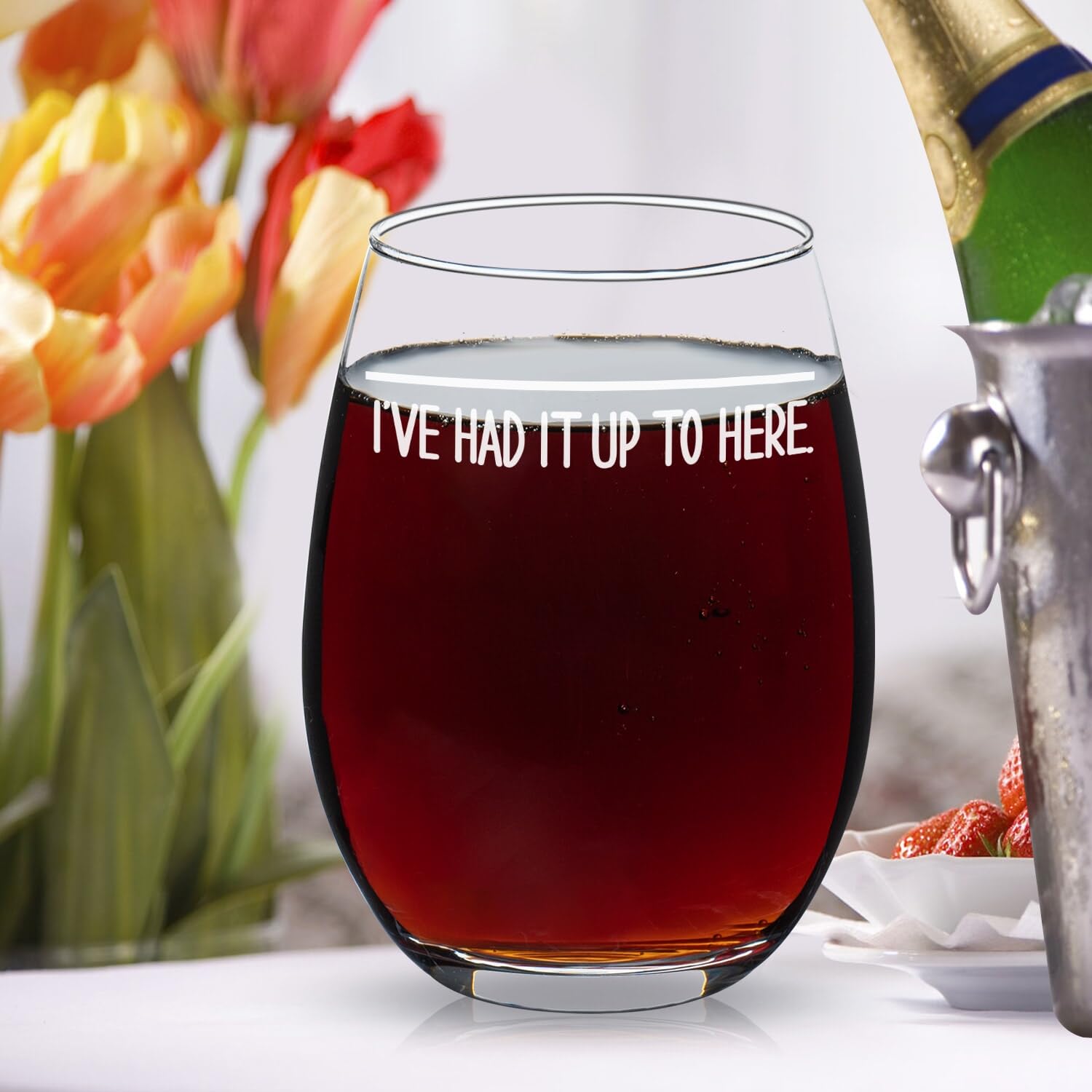 Funny White Elephant Gifts for Women & Men - 16oz 'I've Had It Up To Here' Stemless Wine Glass - Hilarious Gag Gifts for Birthday, Christmas & Parties - Perfect for Dad, Mom & Coworkers