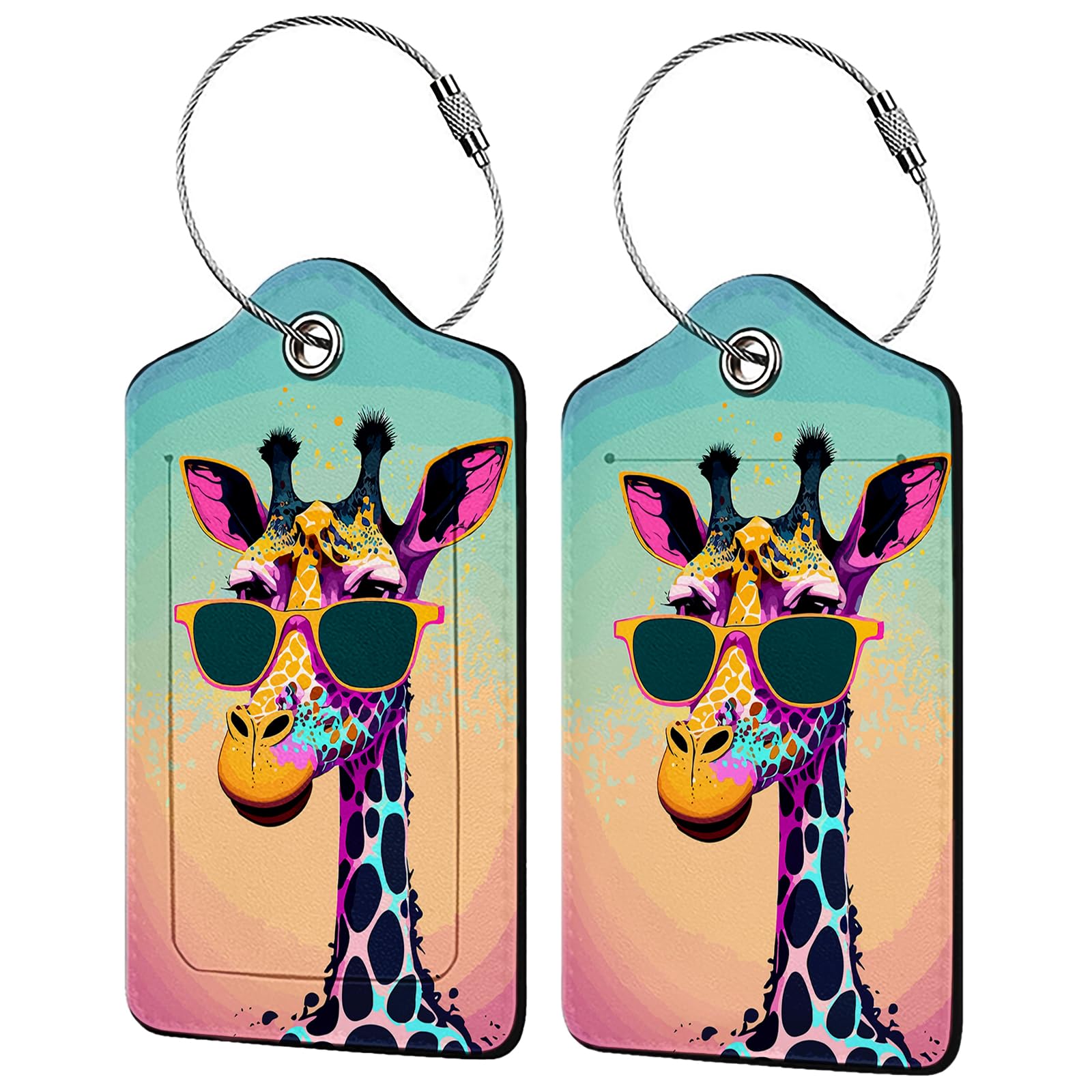 Funny Sunglasses Giraffe Luggage Tags - 2 Pack Personalized Leather Bag Tags for Suitcases, Backpacks & Handbags with Name ID Label - Perfect Travel Accessories for Vacation & Business Trips